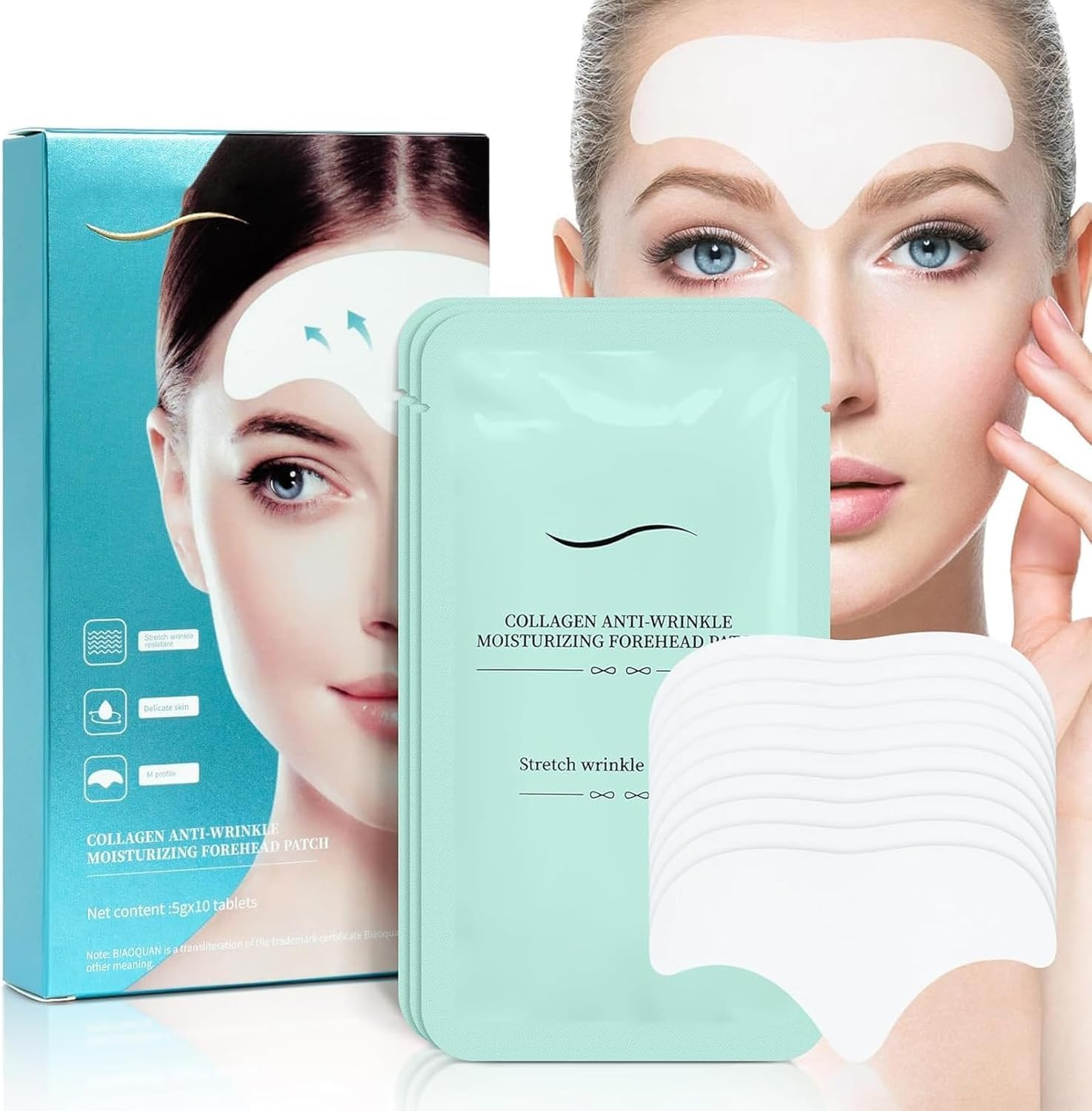 Forehead Wrinkles Patches 10 Pcs, Face Tape for Forehead Lines Reducer, with Aloe, Collagen, Vitamin E, anti Wrinkle Patch for Fine Lines image number 1