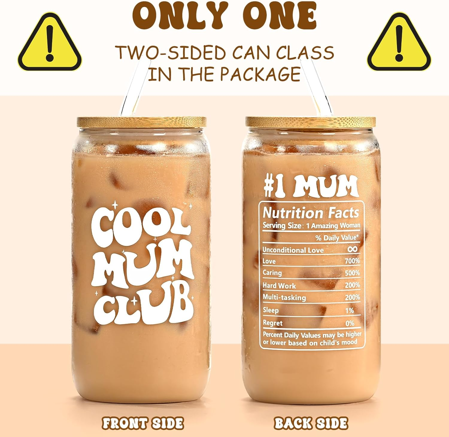 Mothers Day Gifts, Gifts for Mum, Mum Birthday Christmas, 16Oz Glass Cup with Bamboo Lid