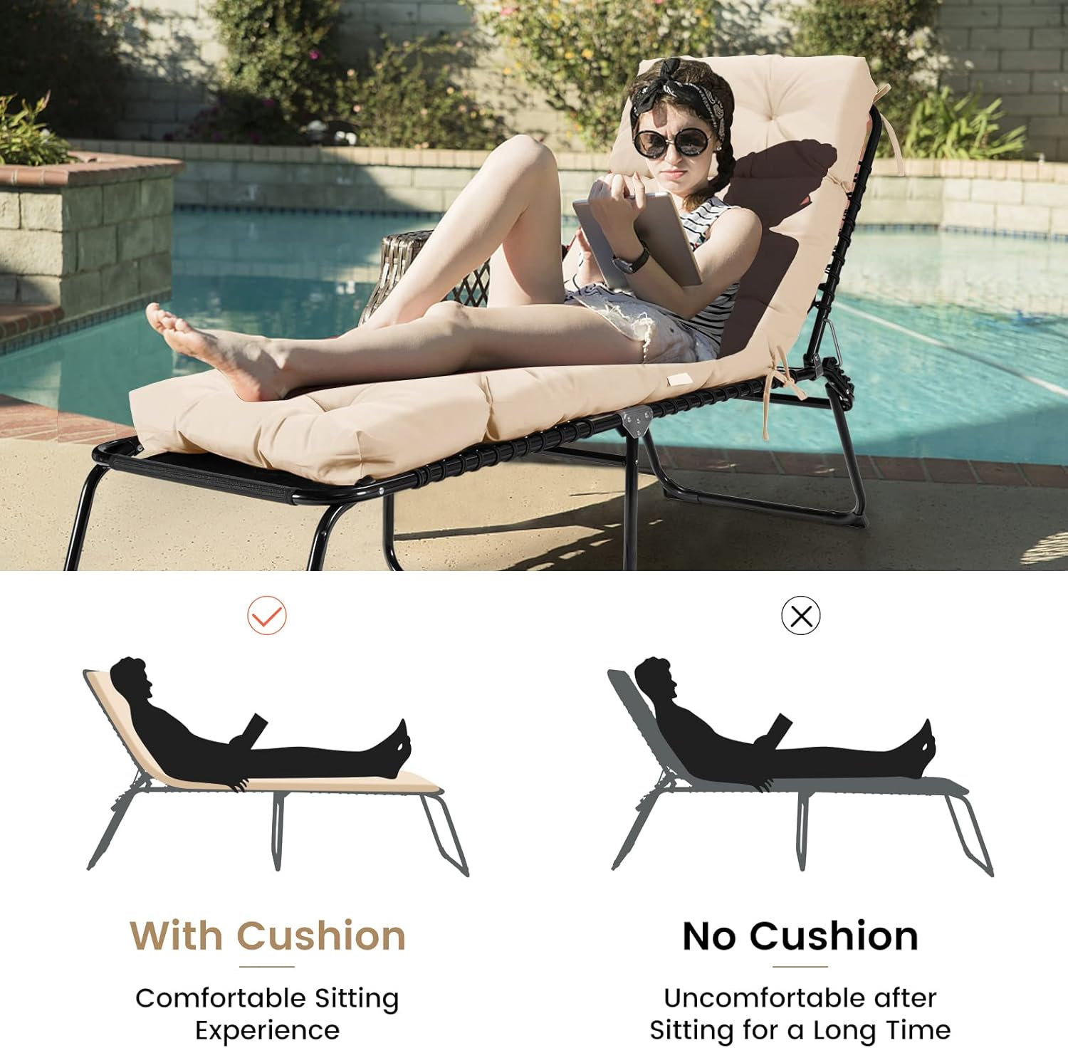 GRAFFY Lounge Chair Cushion, 72&rdquo; X 22&rdquo; X 4&rdquo; Patio Chaise Lounge Cushion W/4 String Ties, Thickened Recliner Cushion W/Waterproof Design, Tufted Patio Recliner for Outdoor Indoor (Beige) image number 2