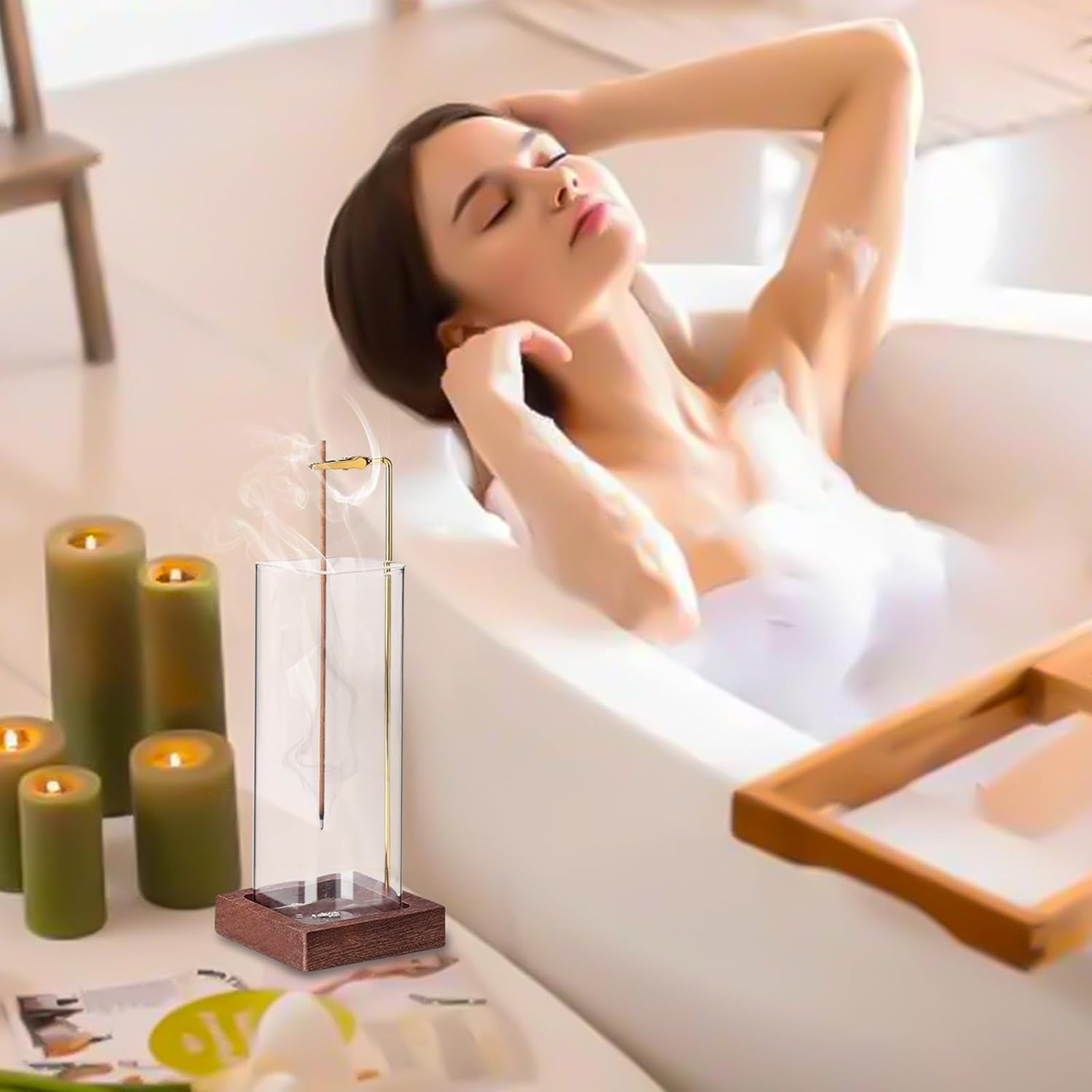 Incense Holder Wooden, Brass Incense Burner Holder with Removable Glass Ash Catcher Incense, Upside-Down Ash Catcher for Yoga Spa Meditation Home Decor image number 4