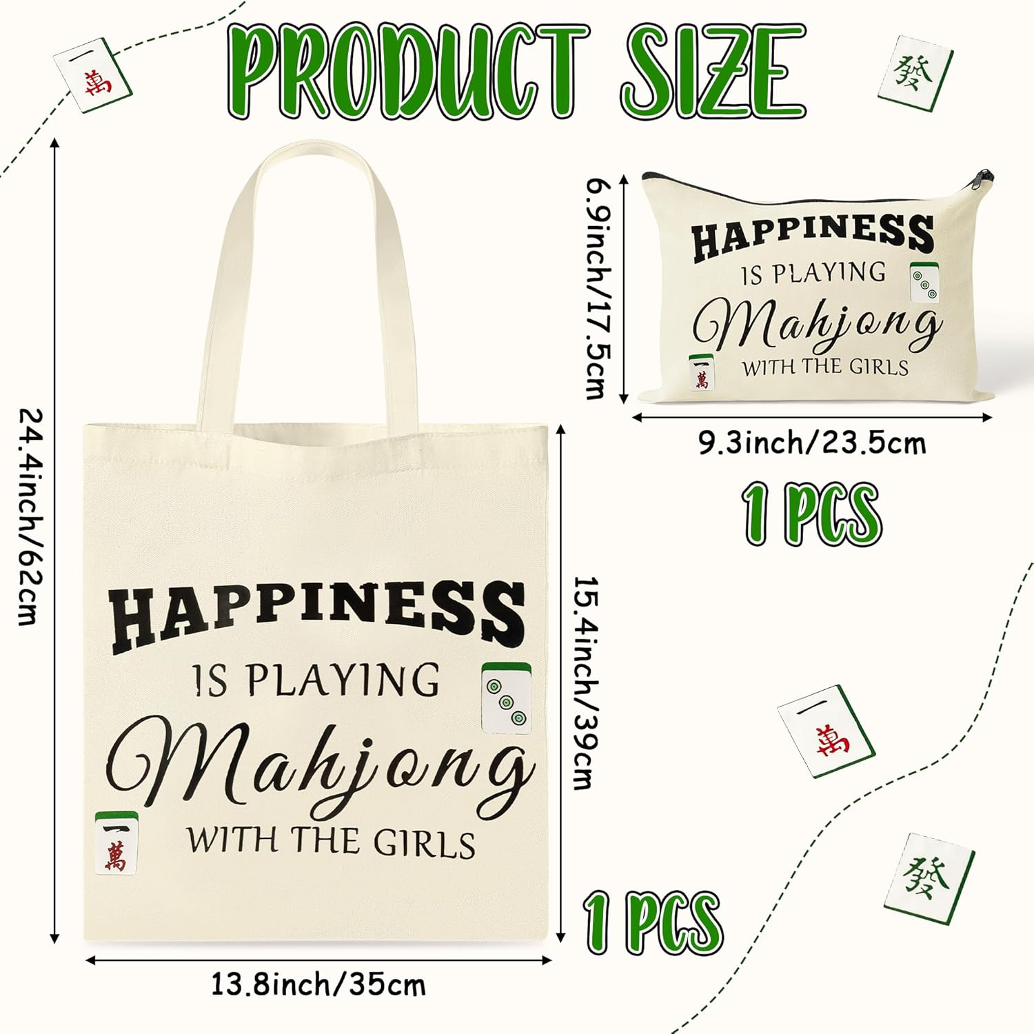 Gioxtra Funny Mahjong Tote Makeup Bag Set - 2Pcs Happiness Mahjong Gifts Tote Shoulder Bag Travel Toiletry Zipper Cosmetic Organizer Pen Purse Pouch for Game Lover Player Women Birthday Gift Supplies image number 4