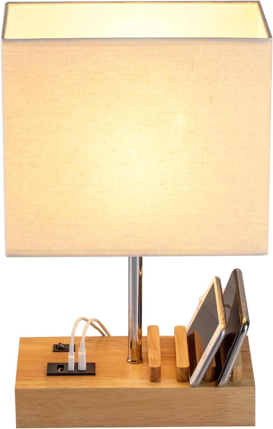 Dreamholder Table Lamp with 3 USB A+C Ports, 3 Phone Stands, Modern USB Bedside Lamp for Bedroom, Living Room, Office, Bedside Lamp with Black Wood Base & Fabric Shade