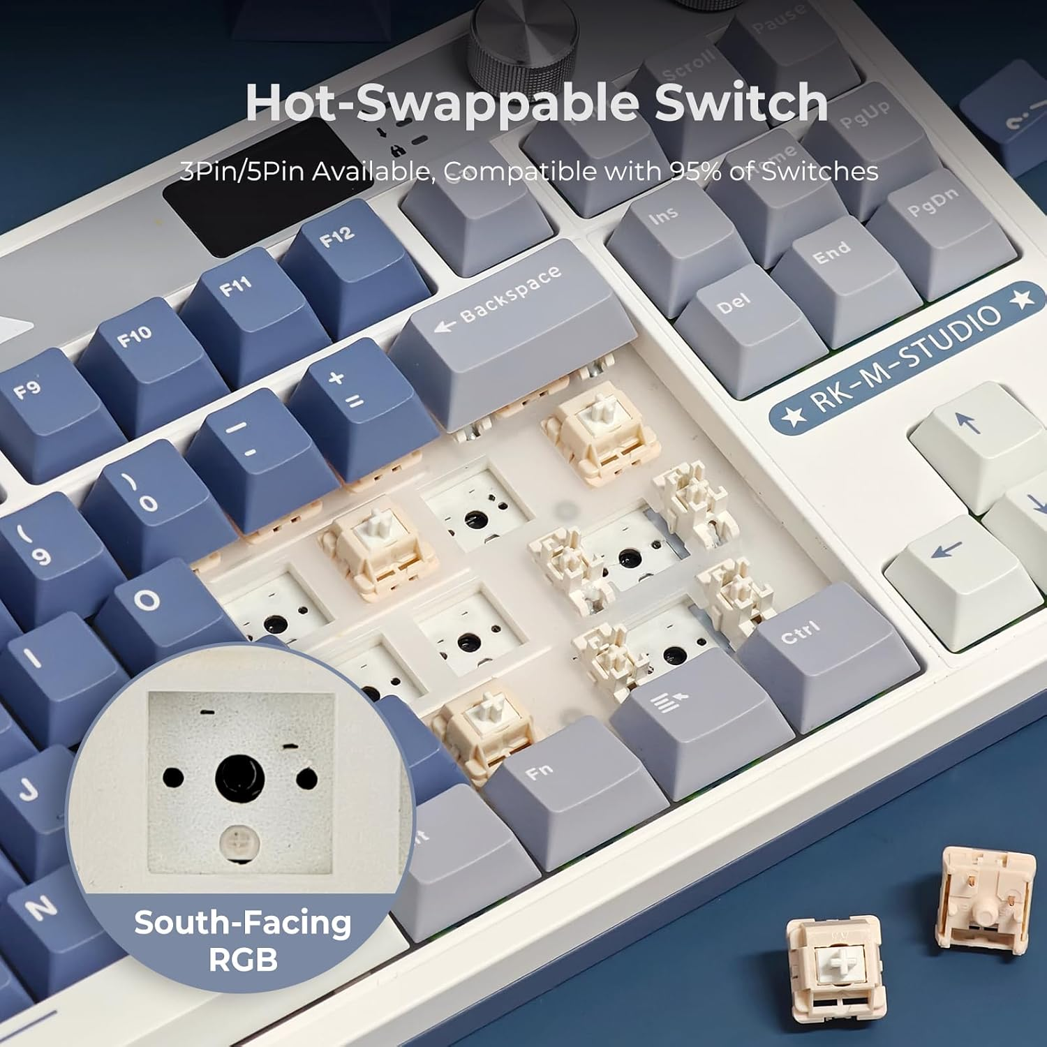 RK ROYAL KLUDGE M87 Wireless Gaming Keyboard with Screen and Dual Knob, 75% Percent 2.4Ghz/Bluetooth/Usb-C Gasket Mechanical Keyboard with 7500Mah Battery, RGB Backlit Hot Swappable Cream Switch, Blue image number 6