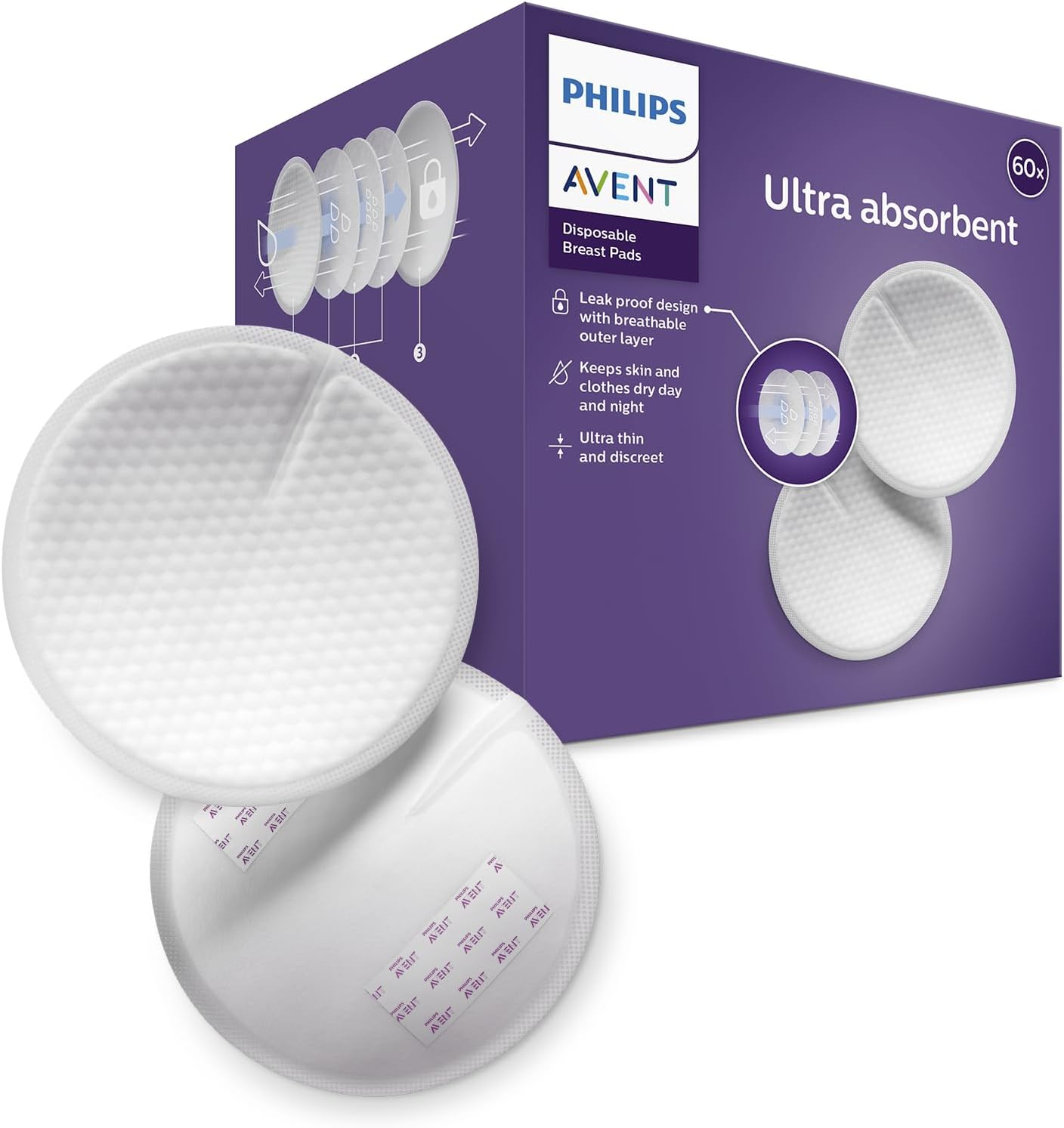 Philips Avent Disposable Breast Pads - Ultra Thin Honeycomb Textured Absorbent Breast Pads - 60-Pack - SCF254/61 image number 6