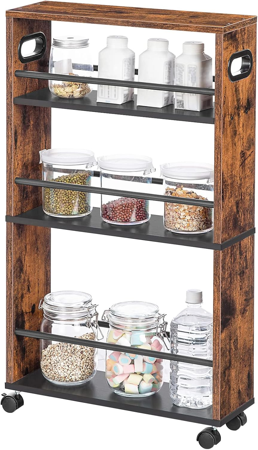 HOOBRO 4-Tier Slim Rolling Cart with Lockable Wheels - Multipurpose Storage and Craft Organizer Cart for Bathroom, Laundry, Kitchen - Book, Art, Makeup, Rustic Brown BF15TC01