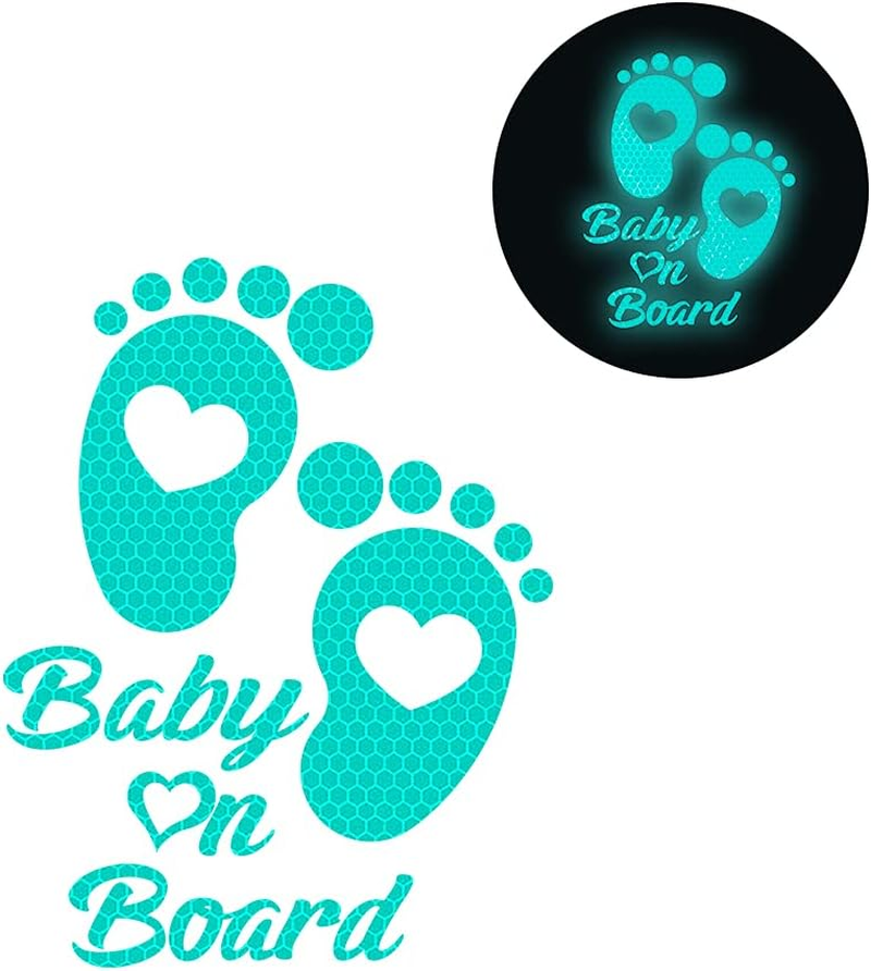 High Intensity Reflective Baby on Board Car Sticker Waterproof Cute Footprint Baby in Car Decal Safety Warning Sign Kids on Board Decal for Car Bumper Window (Mint Green) image number 1