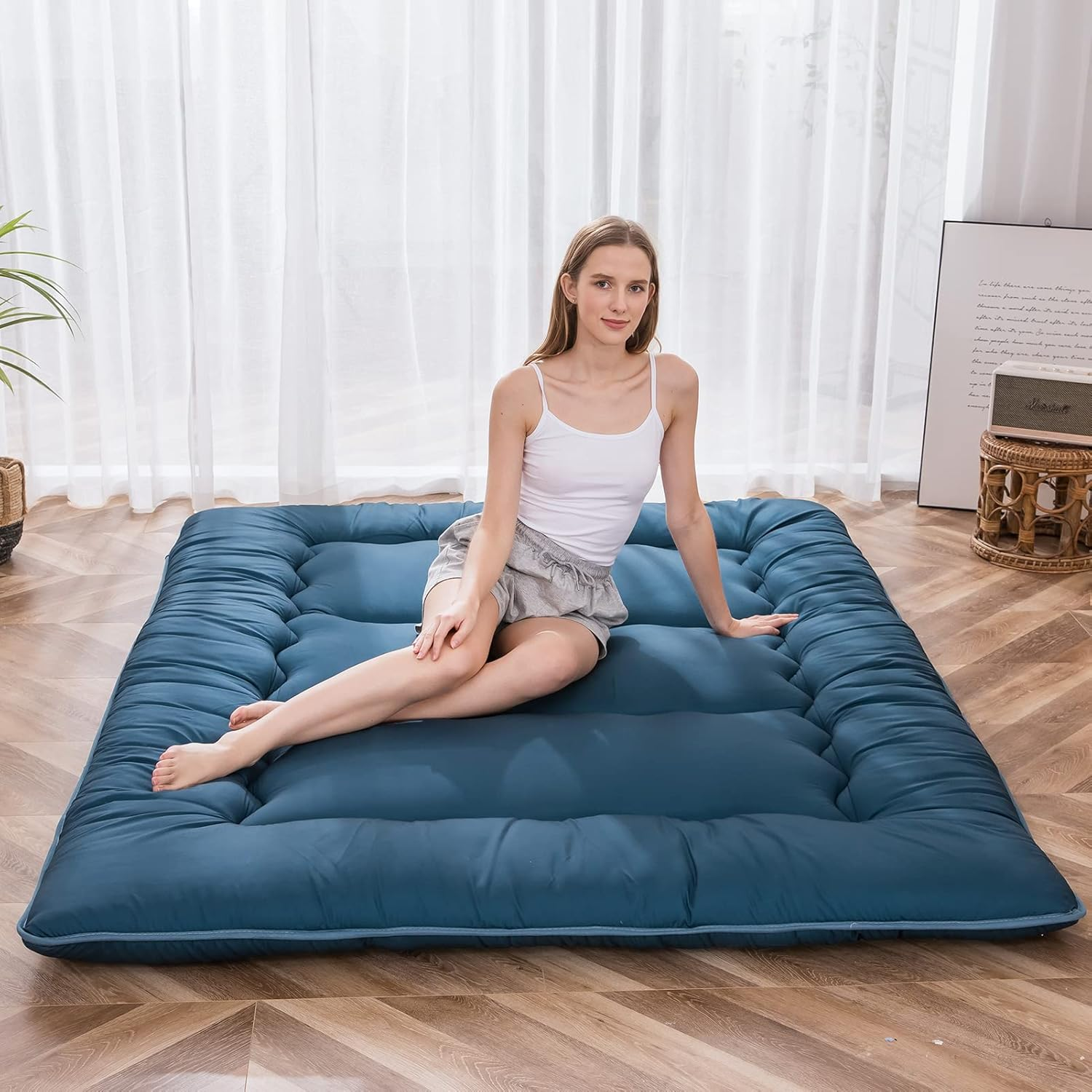 MAXYOYO Japanese Floor Mattress Futon Mattress, Thicken Tatami Mat Sleeping Pad Foldable Roll up Mattress Dormitory Mattress Pad Floor Lounger Pillow Bed (Bluestone, Double)