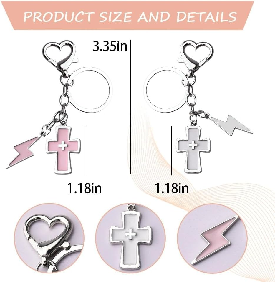 2PCS Y2K Cross Keychain for Women Punk Matching BFF Bag Charm Pink White Cross with Lightning Bolt Charms Car Keys Key Chain for Best Friends Sister Boyfriend Girlfriend image number 1