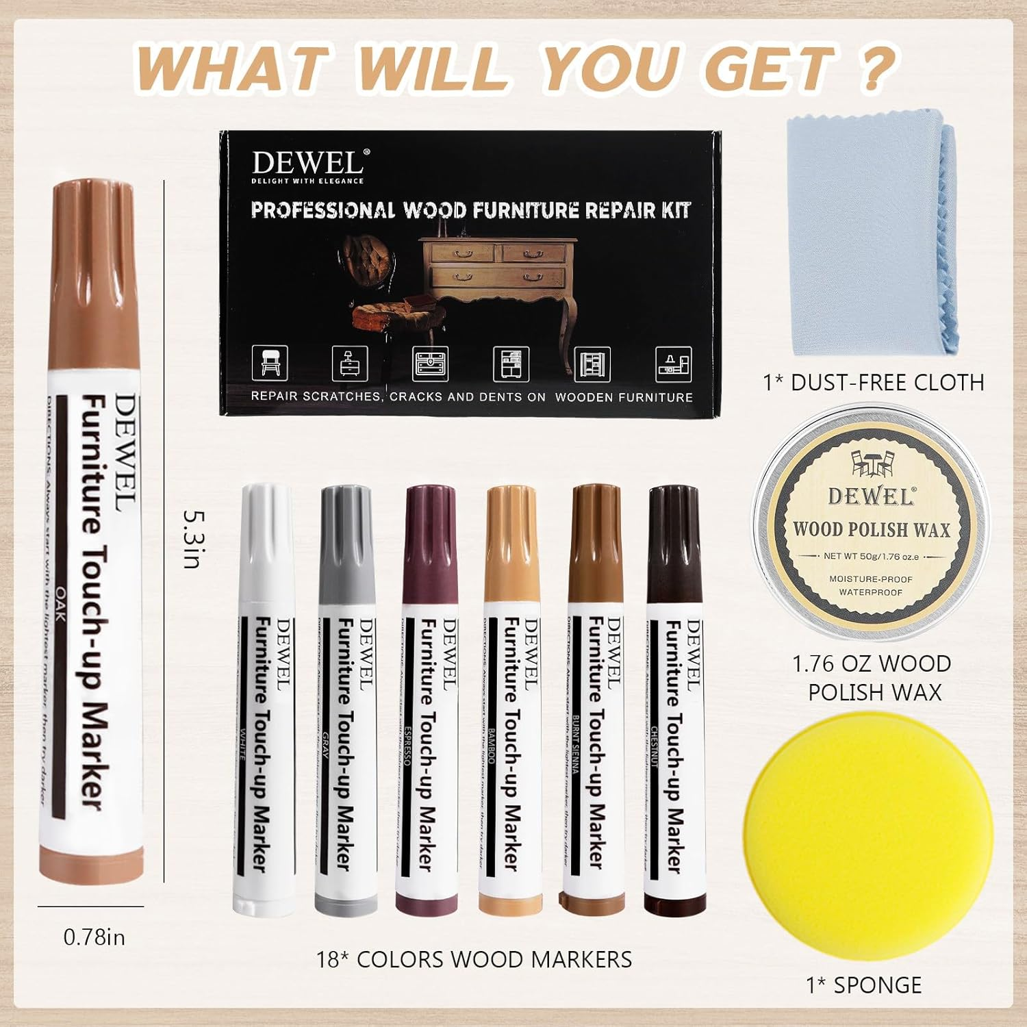 DEWEL Furniture Markers Touch up - 18 Color Wood Markers Repair Kit with Wood Polish Wax, Upgrade Floor Repair Kit, Pens for Scratches, Table, Cabinet, Bedpost image number 2