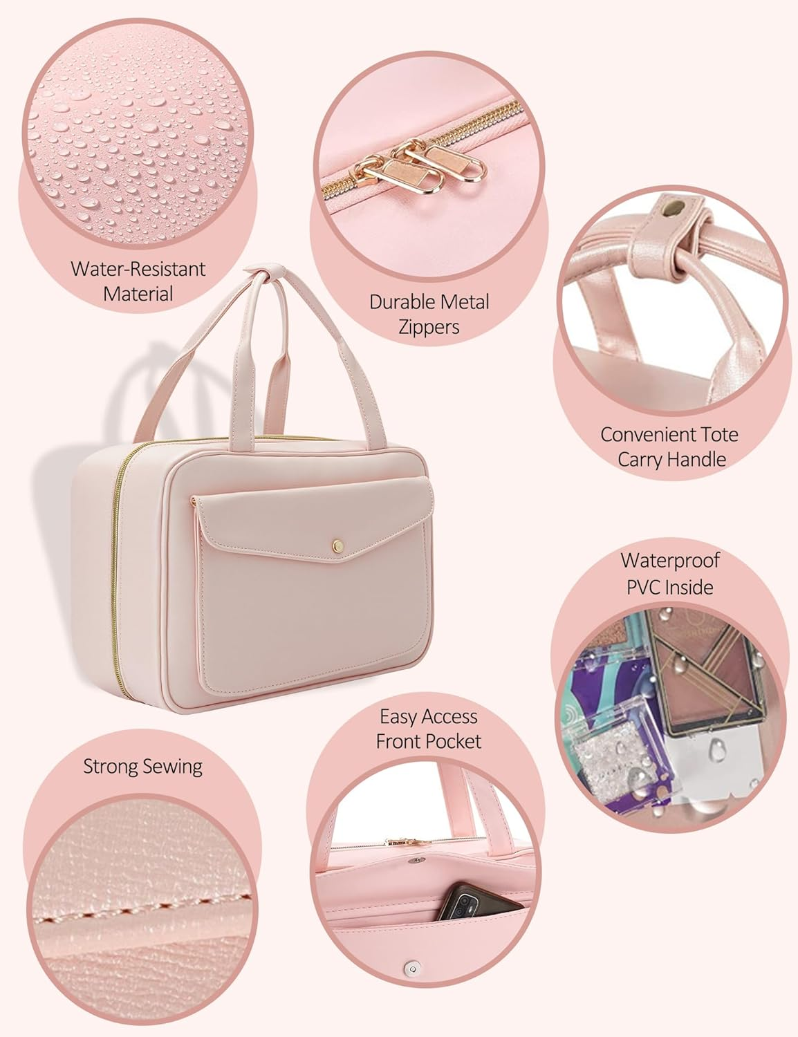 Travel Toiletry Bag,Hanging Leather Large Capacity Travel Wash Bag,Waterproof Portable Make up Bag,Travel Storage Skin Care Cosmetics Toiletries (Pink) - Black image number 6