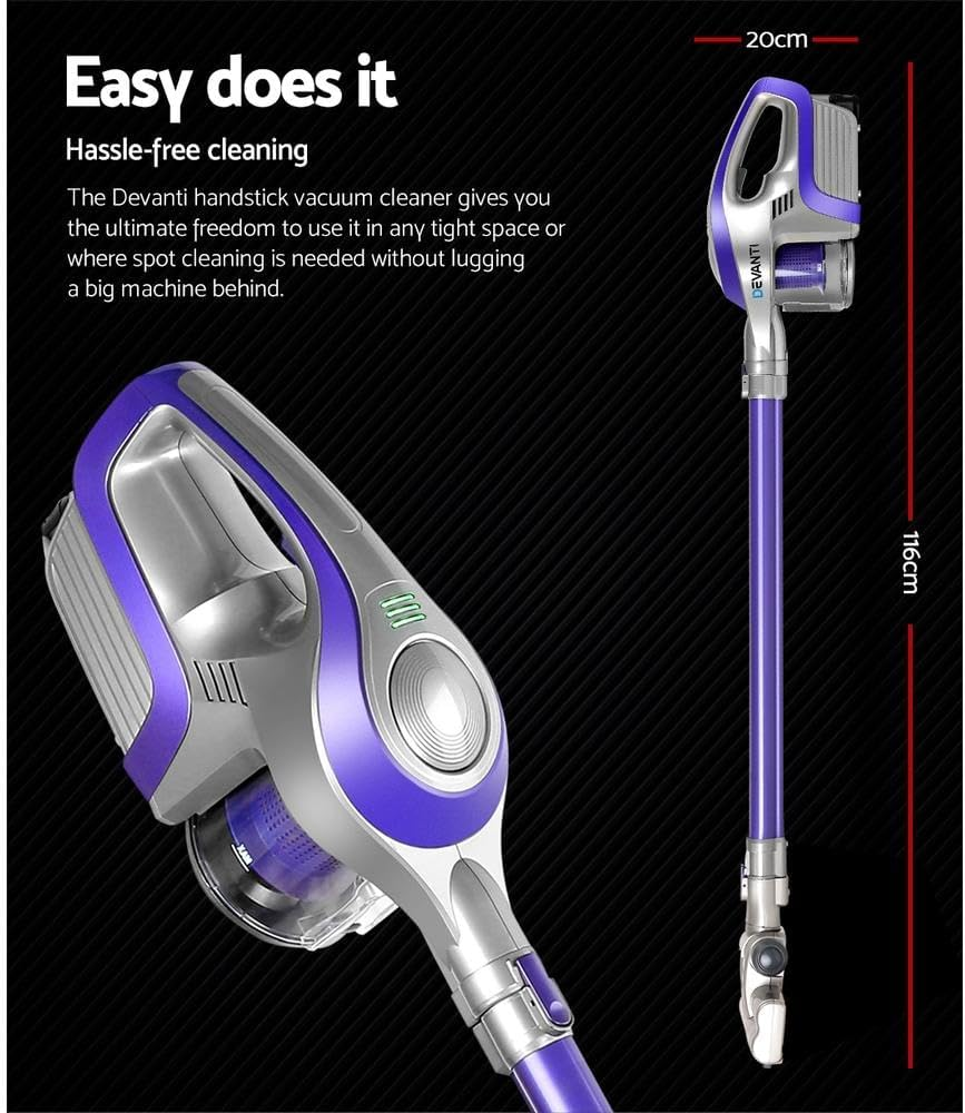 Devanti Cordless Vacuum Cleaner, Stick Vacuum Strong Suction Handheld Hand Held Handstick Bagless Recharge Vac 150W Compact Dustbuster Sweeper Dust Buster Portable for Home Car Stairs, Purple image number 5