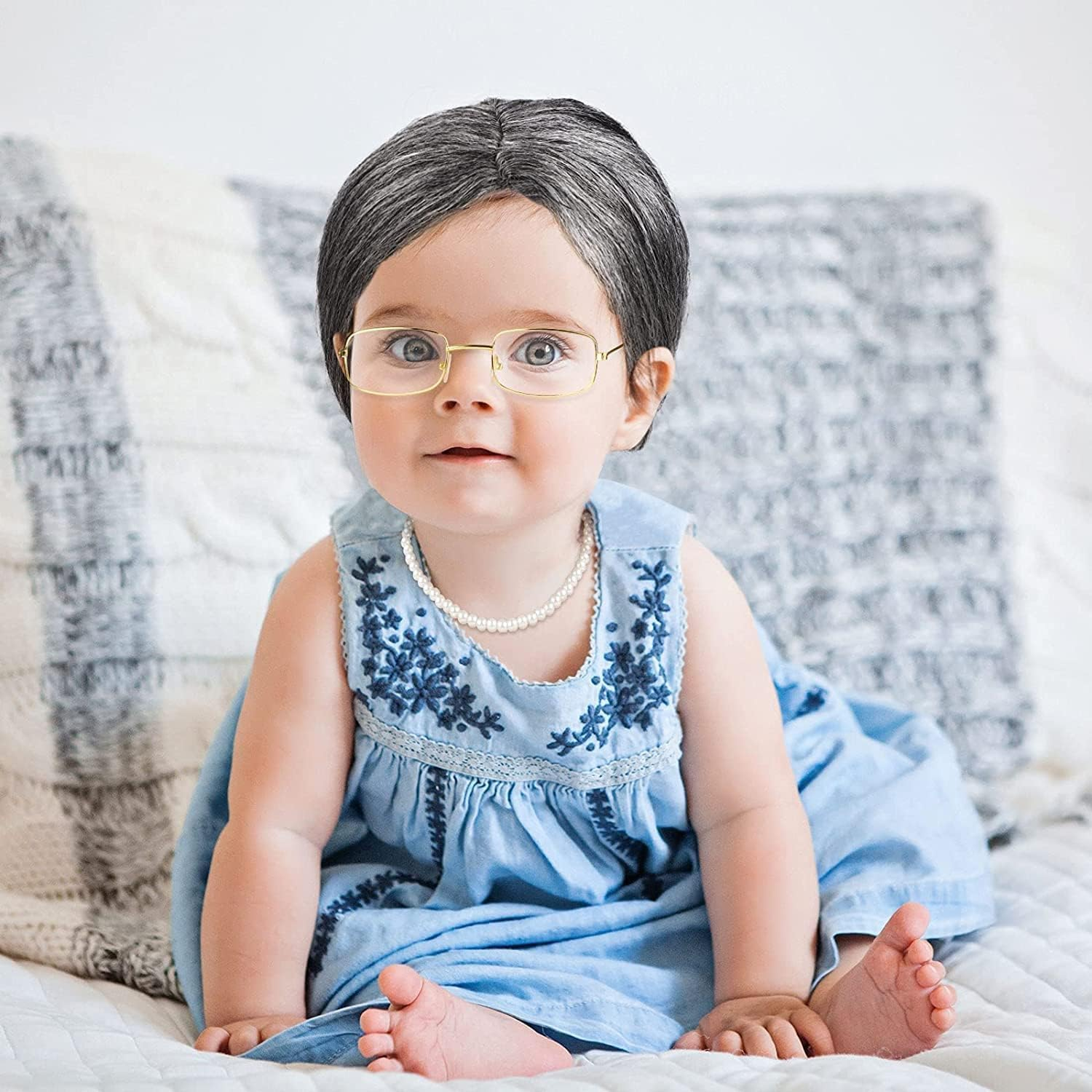 Old Lady Cosplay Set, Grandmother Wig, Wig Cap, Granny Glasses, Eyeglass Chains, Faux Pearl Necklace and Bracelet for Kid Women Halloween Dress up Party image number 3