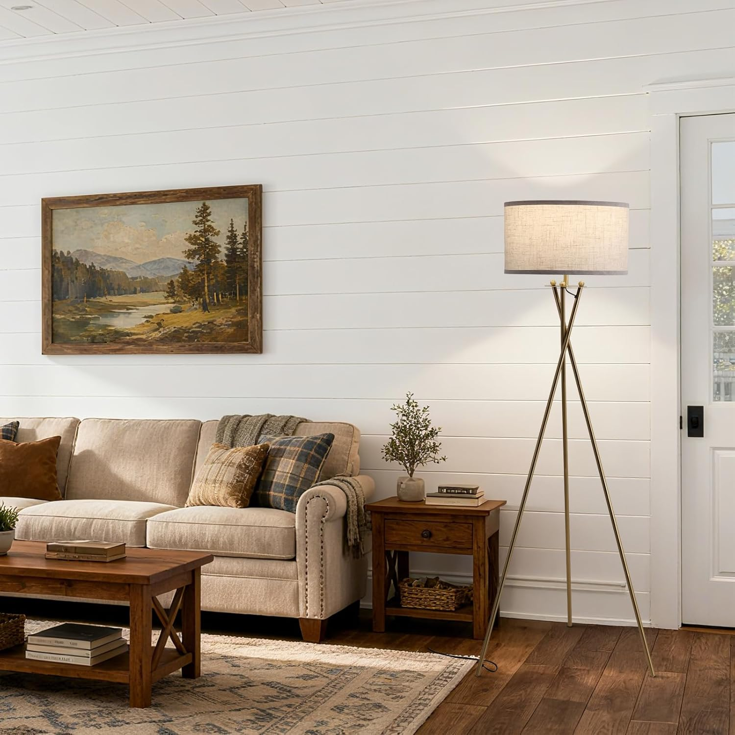 EOEYYOYB Tripod Floor Lamp with Linen Drum Shade, Modern Polished Brass Tall Floor Lamp, Reading Standing Light for Living Room Bedroom Office, Gold