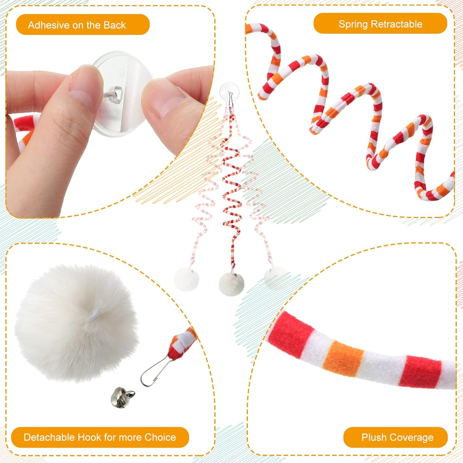 4 Pcs Cat Spring Toys Hanging Door Interactive Cat Toys with Bell Long Tail Stretchable Soft Plush Teaser Ball for Kitten Chase Play and Kill Time, Gradient