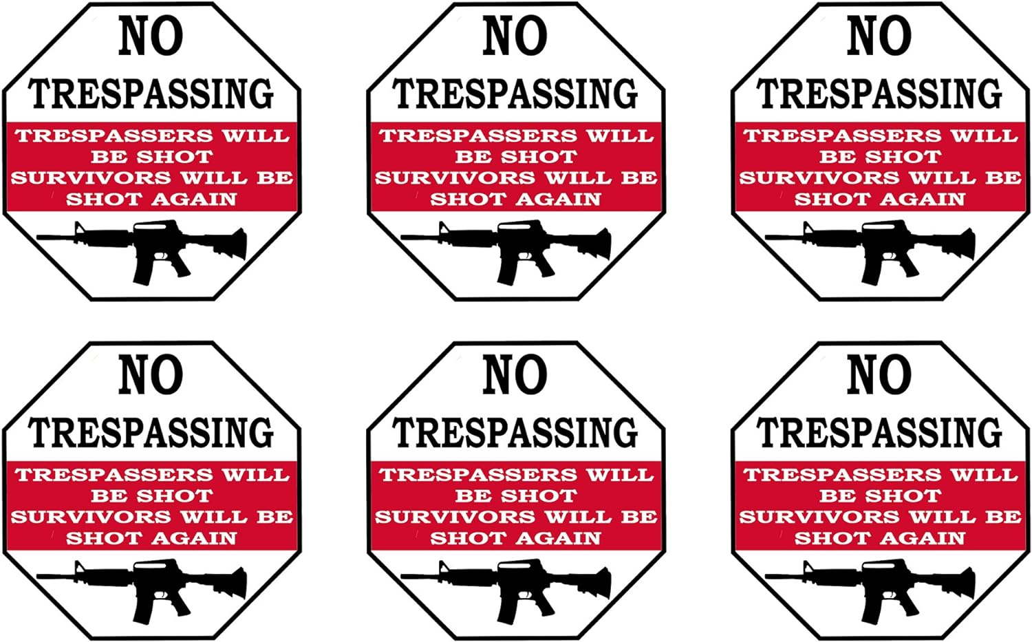 Rogue River Tactical Funny No Trespassing Warning Security Sticker Trespassers Will Be Shot Survivors Shot Again 6 Pack Sign Sticker Decal Window Door Indoor Outdoor 3X3 Inch Gun image number 1
