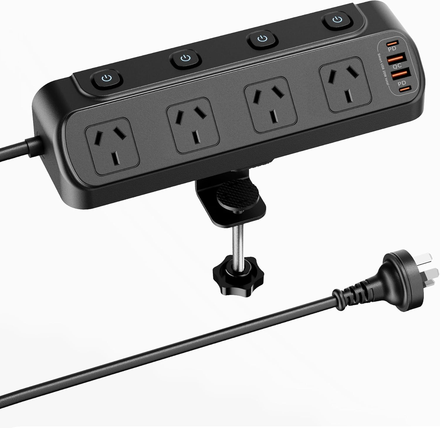 HITRENDS PD 20W Desk Clamp Power Board, Fast Charging Station, 4 AC Outlets and 4USB Ports(2Usb C), Desktop Mounted Power Strip 900J Surge Protected, 2M Extension Cord for Office, Home, White