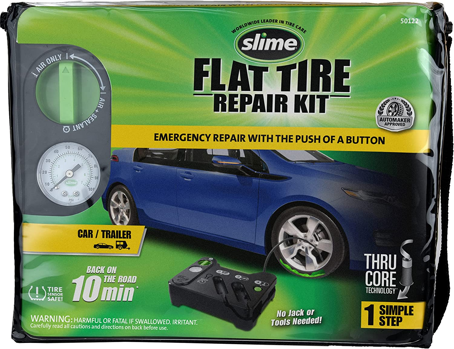 Slime 50122 Flat Tire Puncture Emergency Kit, Includes Sealant and Tire Inflator Pump, Analog, Suitable for Cars and Other Highway Vehicles, 10 Min Fix image number 6