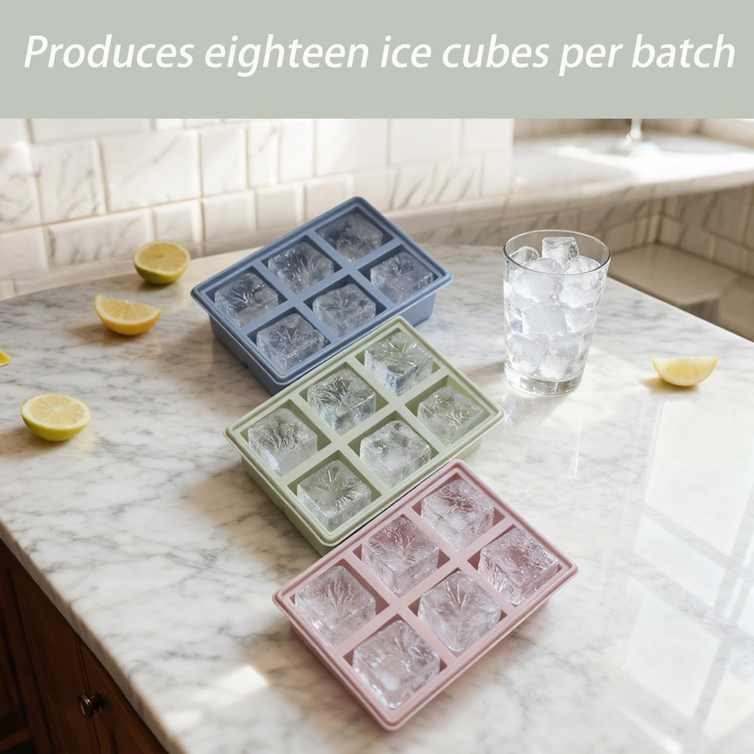 Ice Cube Tray, 3 Pack Reusable Silicone Large Square Ice Cube Moulds, Large Ice Cubes Mould with Removable Lid for Whiskey, Cocktail, Drinks, Coffee, Fruit, Juice and Ice Cream (Blue Pink Green) image number 2