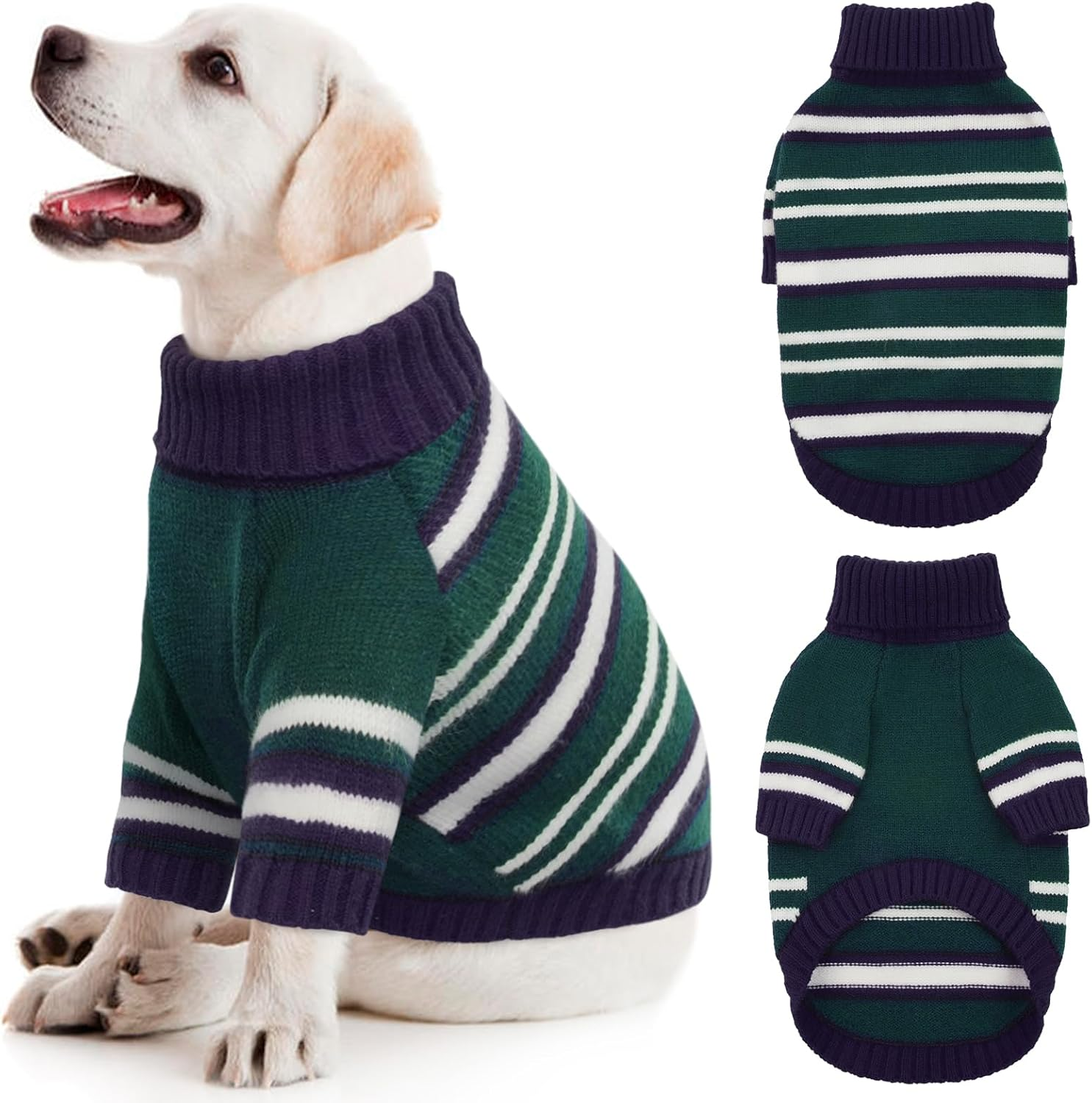 Kuoser Dog Sweater,Warm Dog Sweaters for Large Dogs,Turtleneck Thick Large Dog Sweater Christmas Outfit,Pet Winter Clothes Doggie Knitwear Girl Boy for Holiday(2Xl,Green Strips) image number 4