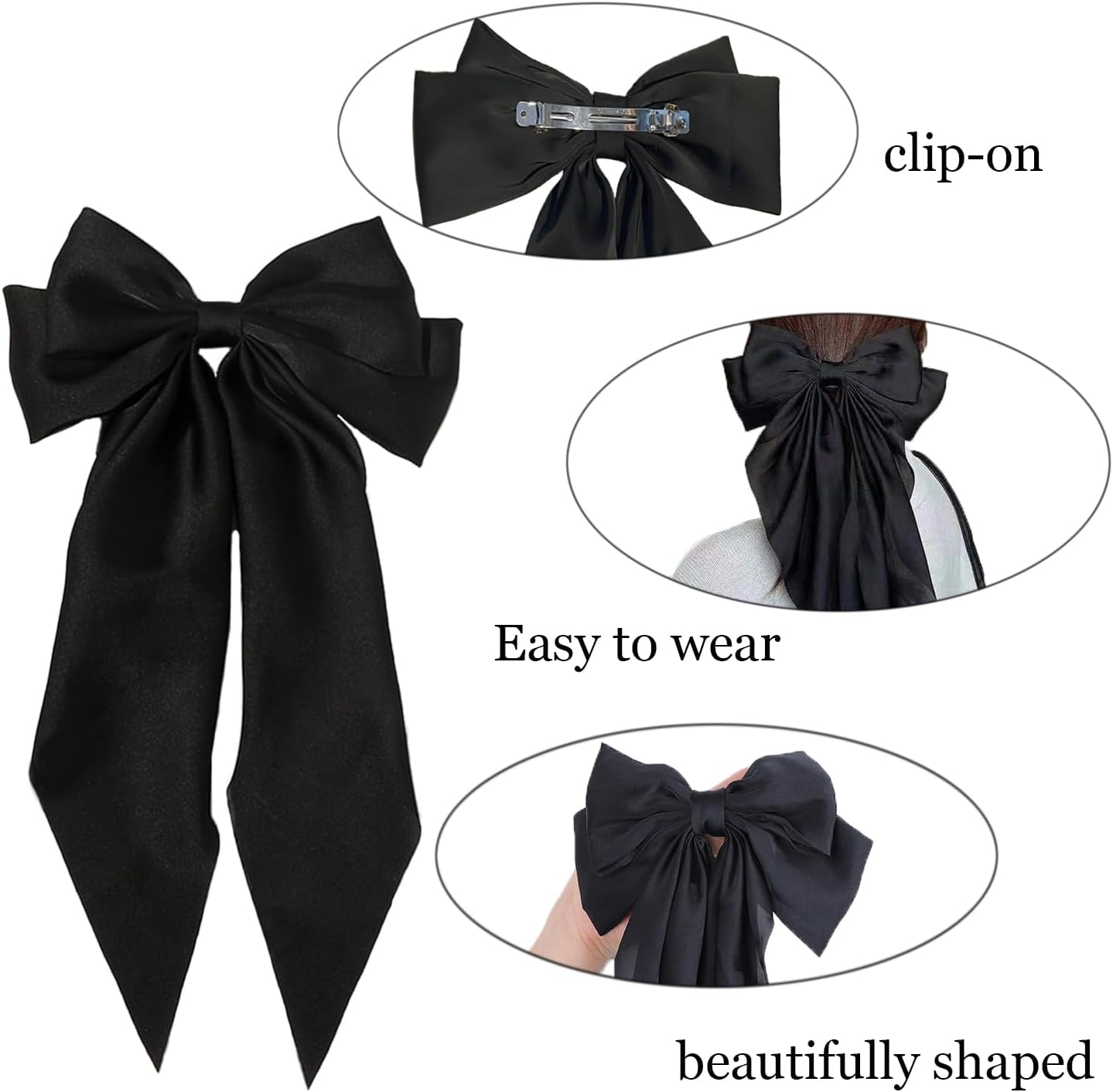 TRKETK 2 PCS Bow Hair Clips, Hair Accessories for Girls Solid Color Bowknot Hairpin French Barrette with Long Ribbon Hair Fastener Accessories Soft Satin Silky Hair Bows for Women Girls(Black+White) image number 4