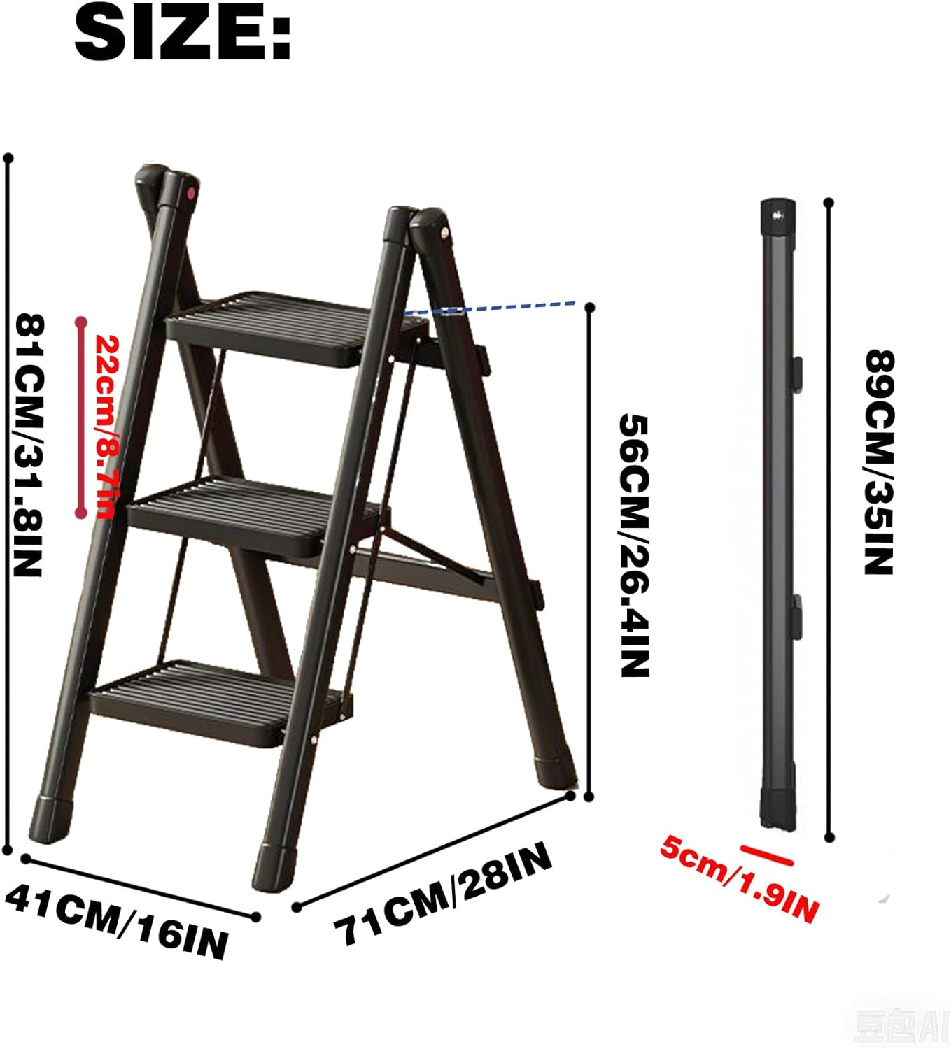 3-Step Folding Step Stool, Aluminum, Anti-Slip Surface, Lightweight & Portable, Max Load 150Kg, Black | Perfect for Home, Kitchen, Office, and Outdoor Use（Black）