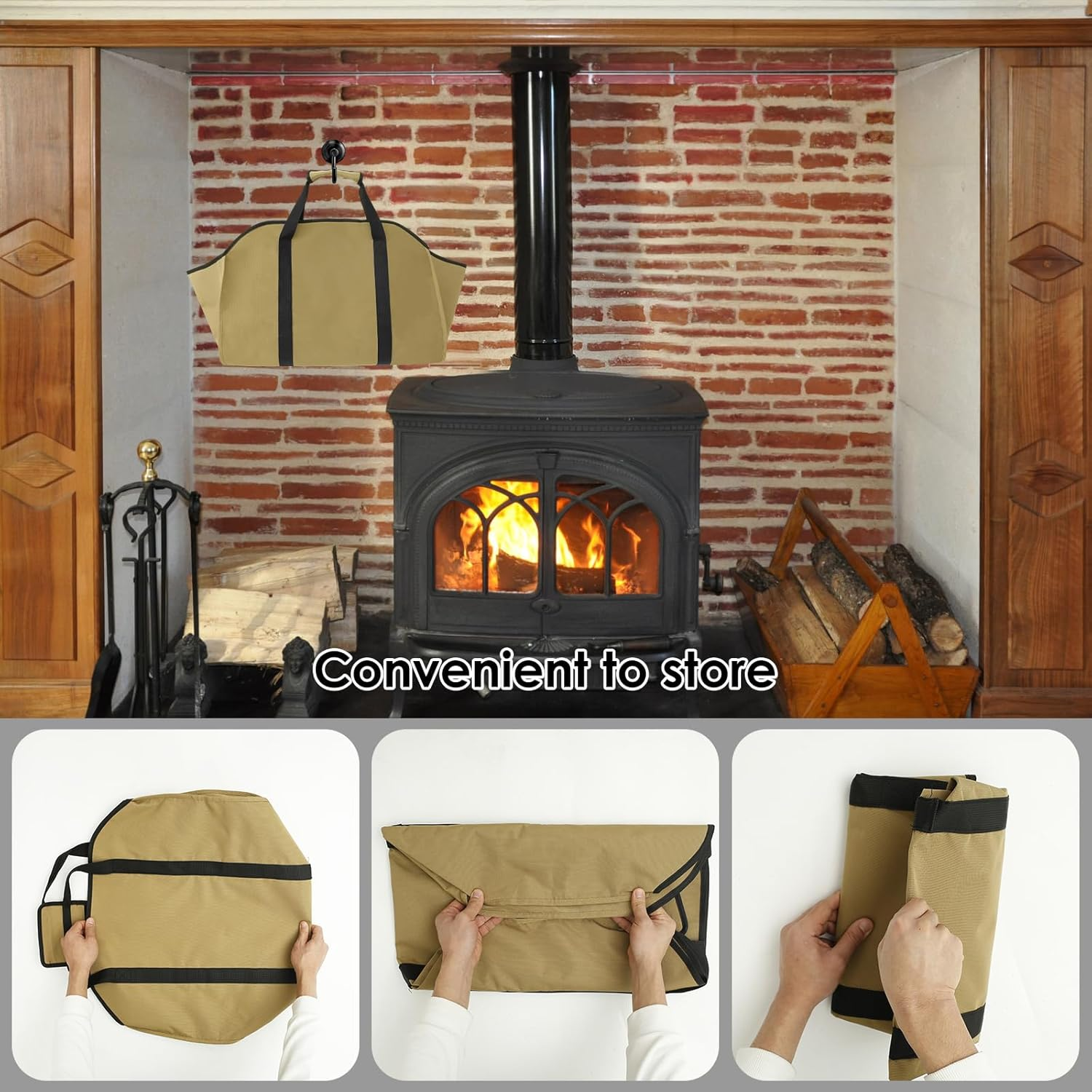 UKQRRTC Firewood Carrier Bag, Sturdy Oxford Cloth Log Carrier, Waterproof, Foldable Wood Carrier for Indoor or Outdoor Camping (Khaki)