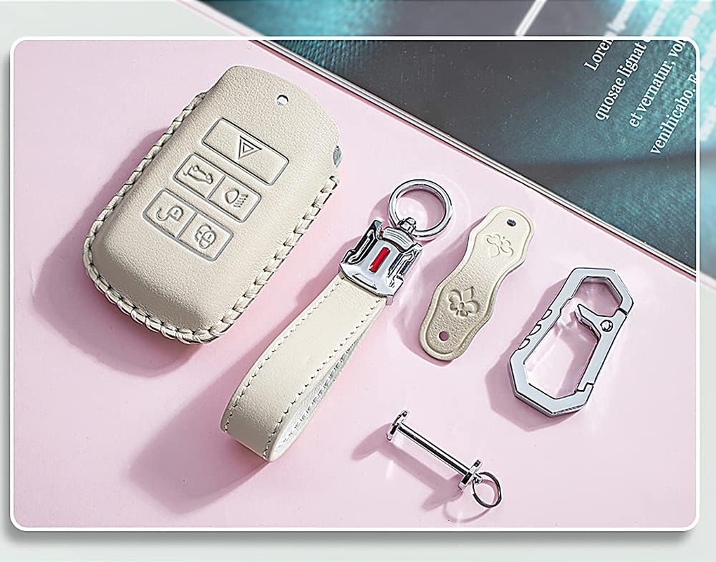 Ontto Leather Car Key Fob Cover Keyring for Land Rover Defender Discovery Evoque LR4 Range Rover Sport Jaguar 5-Buttons Accessories Key Case Keychain Remote Key Shell Key Holder Protector Beige A image number 7
