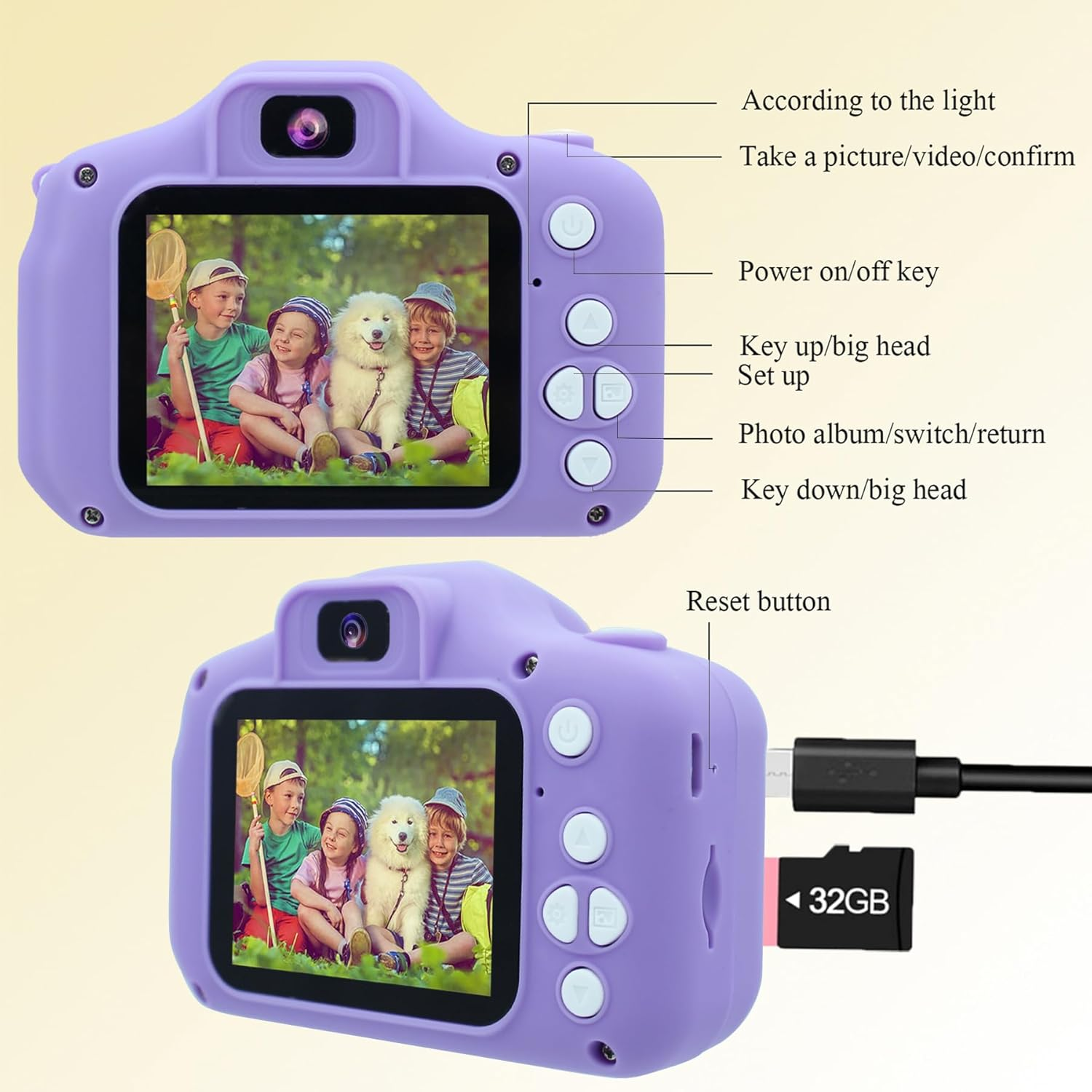 Kids' Digital Cameras, Mini Dual Camera Rechargeable Children'S Camera Gift, Boys and Grils Aged 3 to 9 Years Old,8 Million HD Video 2 Inches Screenfor Outdoor Play /32GB Card (Purple-Horse) image number 4