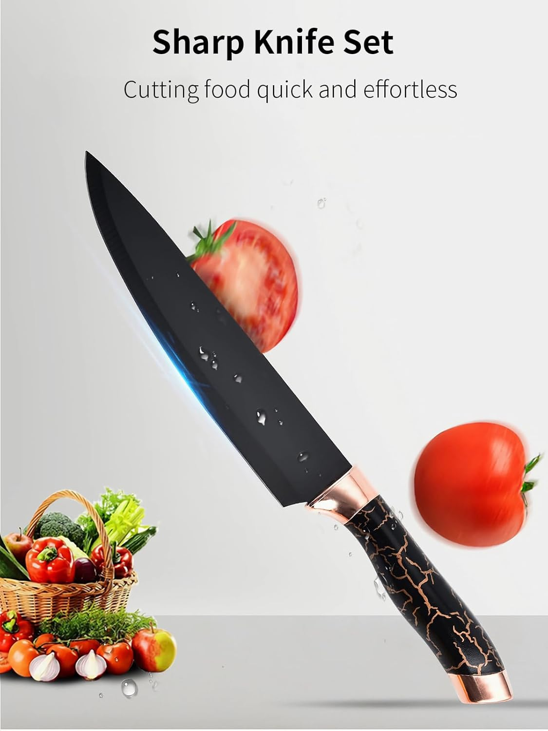 Knife Set, 7 PCS Stainless Steel Kitchen Knife Block Set with Built in Knife Sharpener, Black Non Stick Coated Knife, No Rust and Sharp Knife for Chopping, Slicing and Dicing, Best Gift, Golden image number 3