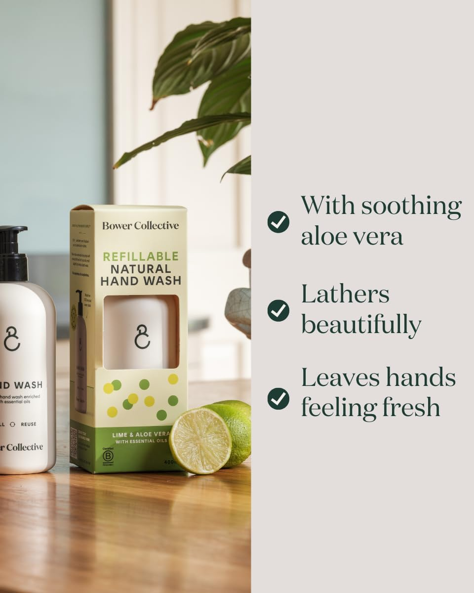 Bower Collective Natural Hand Soap Starter Pack, Lime & Aloe Vera Liquid Hand Wash, Reusable Soap Dispenser with 400Ml Refillable Bathroom Soap, Eco-Friendly Handwash image number 2