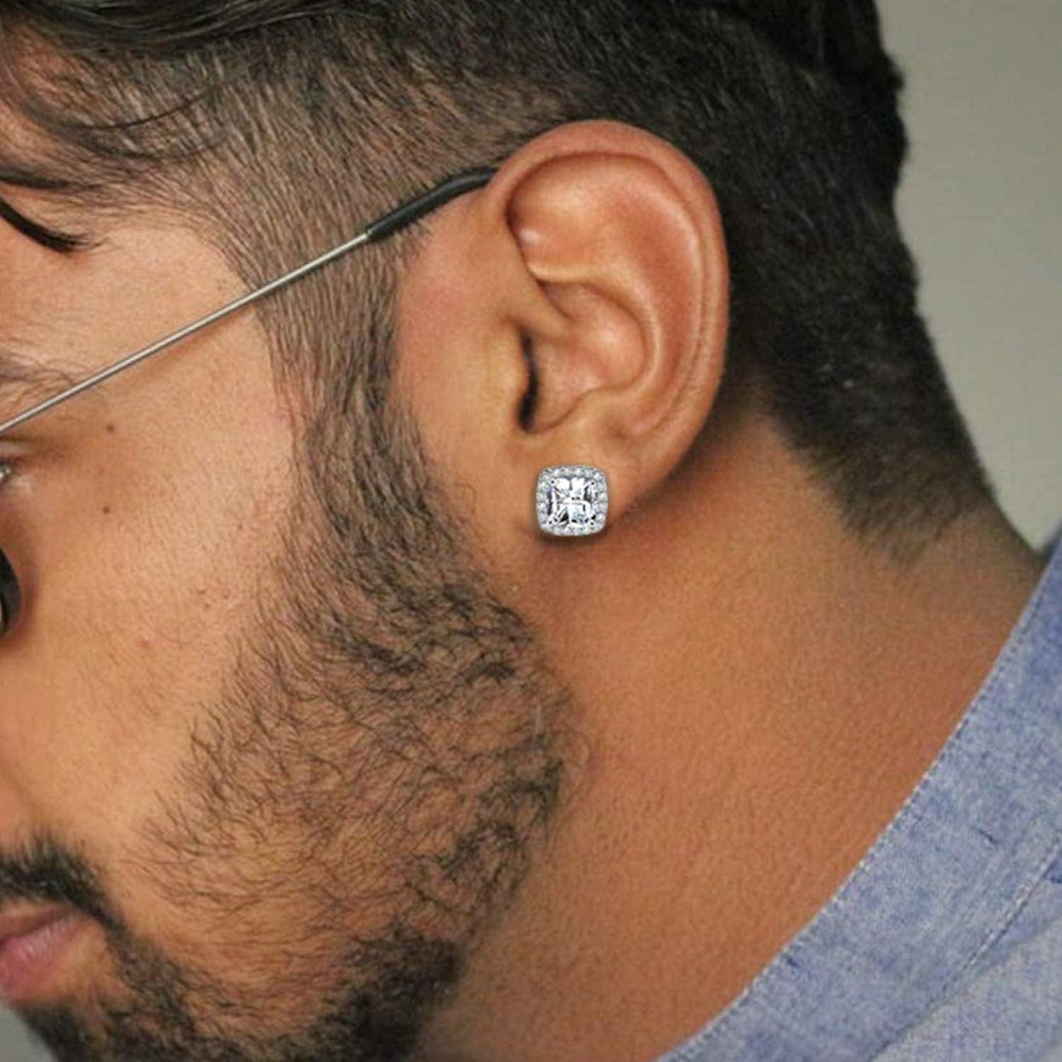 18K White Gold Plated round Square Cubic Zirconia Simulated Diamond Halo Stud Earrings (2 Pairs) image number 3