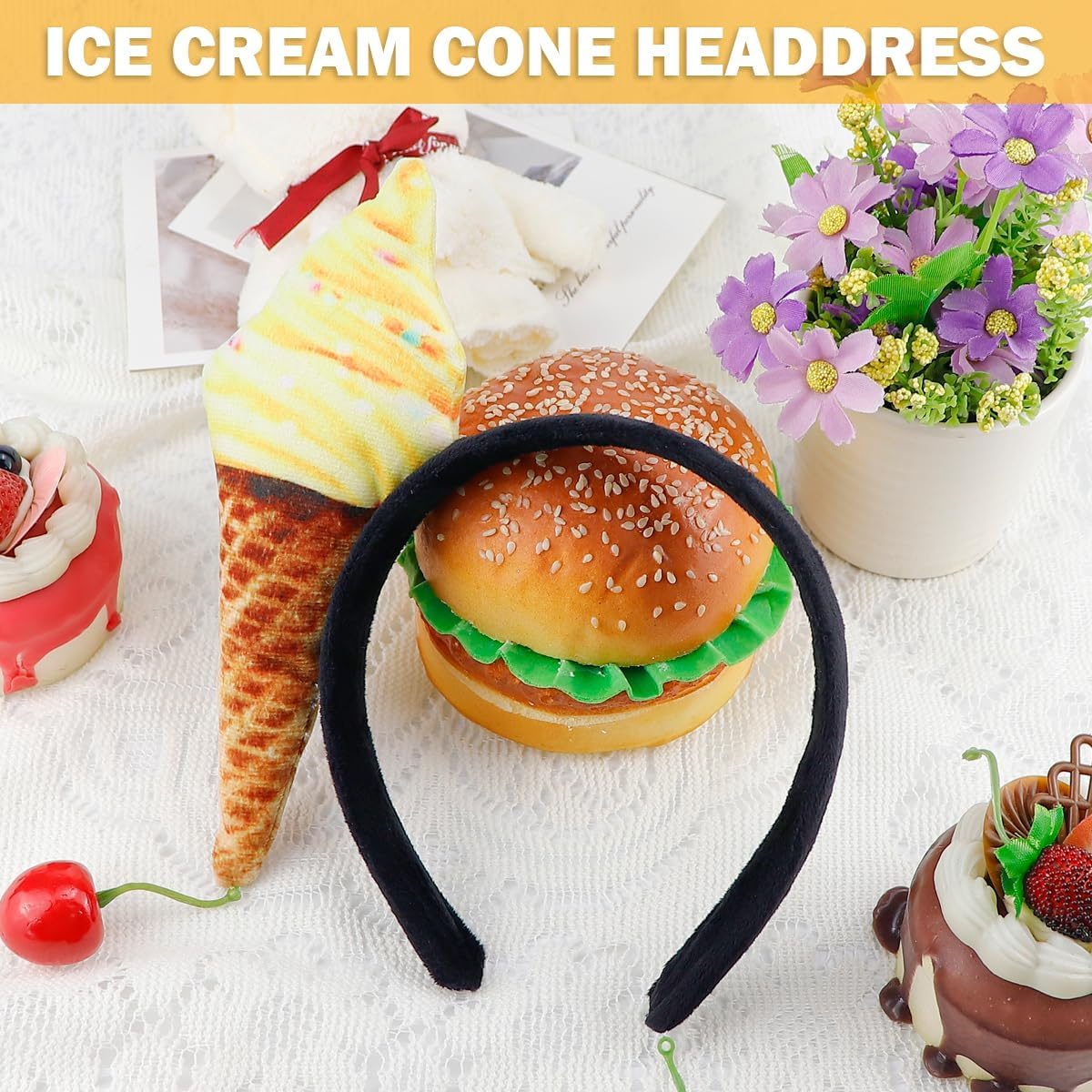 LNQ LUNIQI Women'S Headband with Ice Cute, Children'S Funny Headband, Party Food Headband, Ice Cream Cones, Headband Decoration for Party, Carnival, Pack of 1