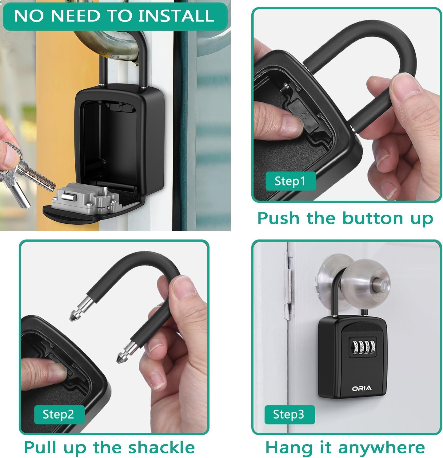 ORIA Key Lock Box, Key Safe Lock Box with Removable Shackle, 4-Digit Combination Lock Box, Resettable Code Key Storage, Weatherproof Lockbox for Home, Office, Garage, Indoor & Outdoor &ndash;Black image number 2