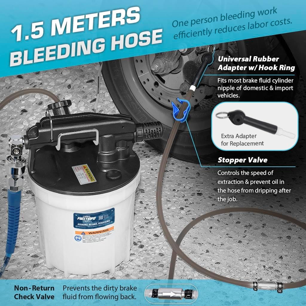 FIRSTINFO A1152 1.8 Liter Vacuum Brake Bleeder Extractor Includes 1.5 Meters Long Silicone Bleeding Hose with One-Way Check Valve + Oil Stopper Valve image number 1