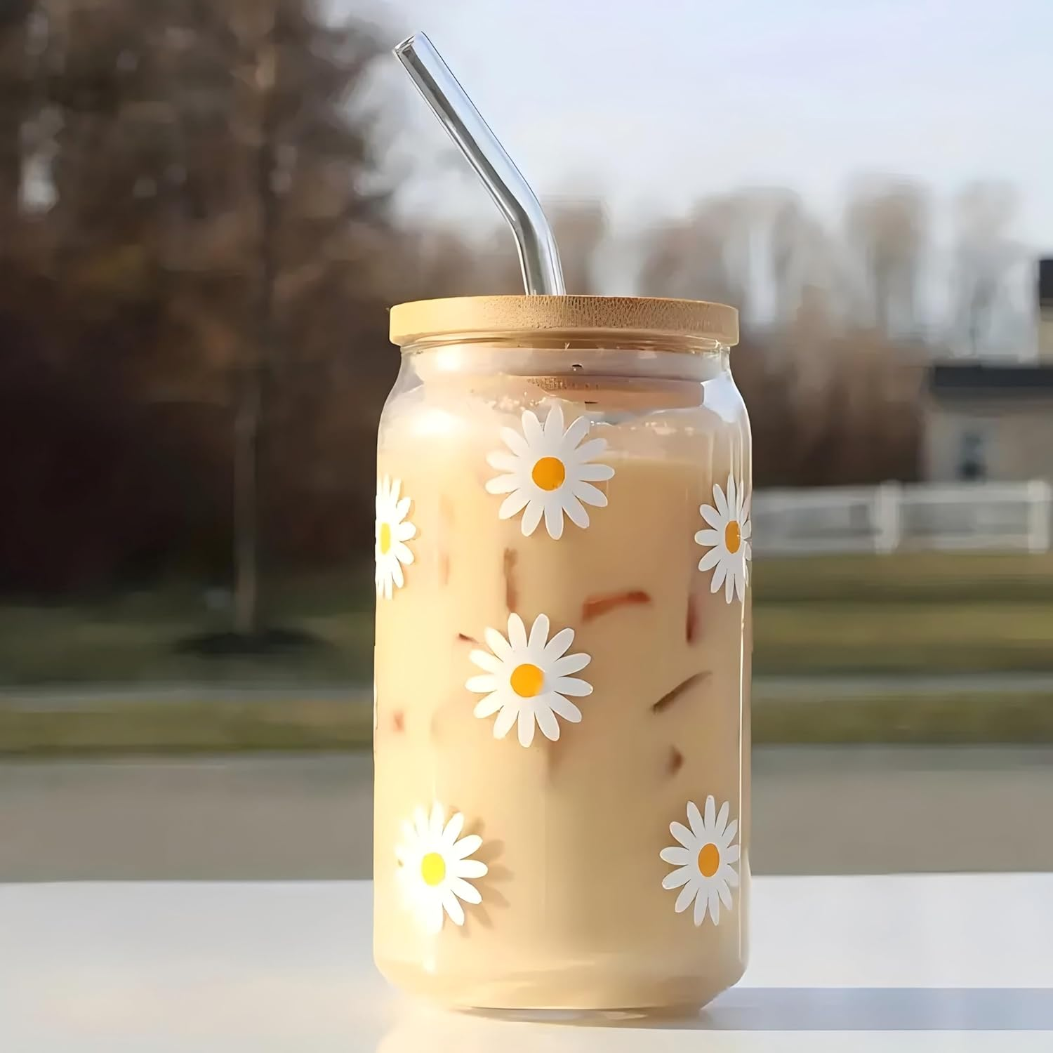 Cute Daisy Cup 16Oz Iced Coffee Cup, Cute Glass Cups with Bamboo Lids and Straws Beer Can Milk Mocha Cups - Christmas, Birthday Gifts for Women,Women'S Holiday 500Ml