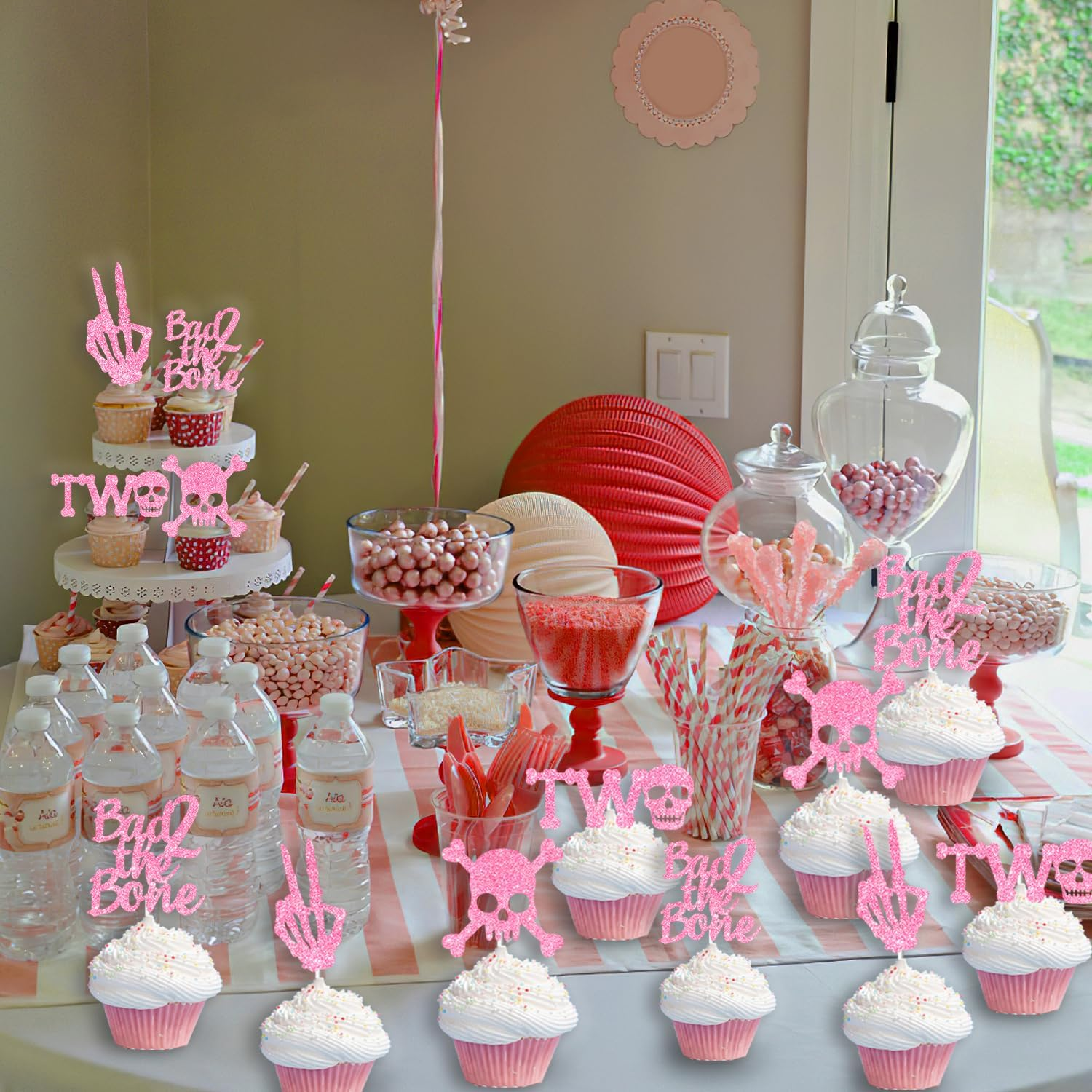 Bad Two the Bone Cake Toppers 36PCS Pink Gold Glitter Rock N Roll 2Nd Cake Toppers Bone Skull Birthday Cake Decorations Rock Music Theme Cake Decorations for Girls 2Nd Bday Party Supplies image number 6