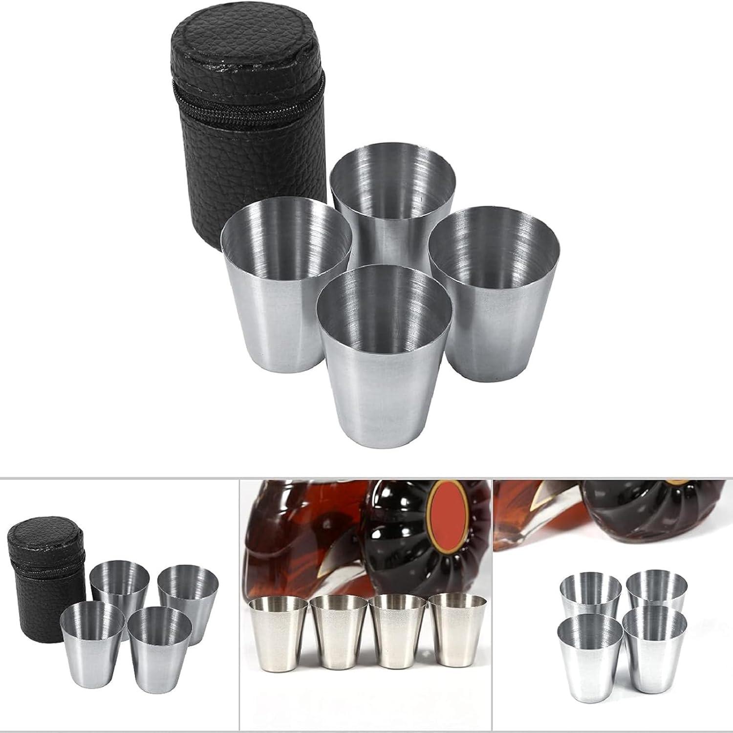 Pack of 4 Stainless Steel Cups, 30 Ml Shot Glasses Made of Metal, Portable Metal Cup with Leather Bag, for Outdoor Camping, Hiking, Picnic, Holiday (30 Ml) image number 4
