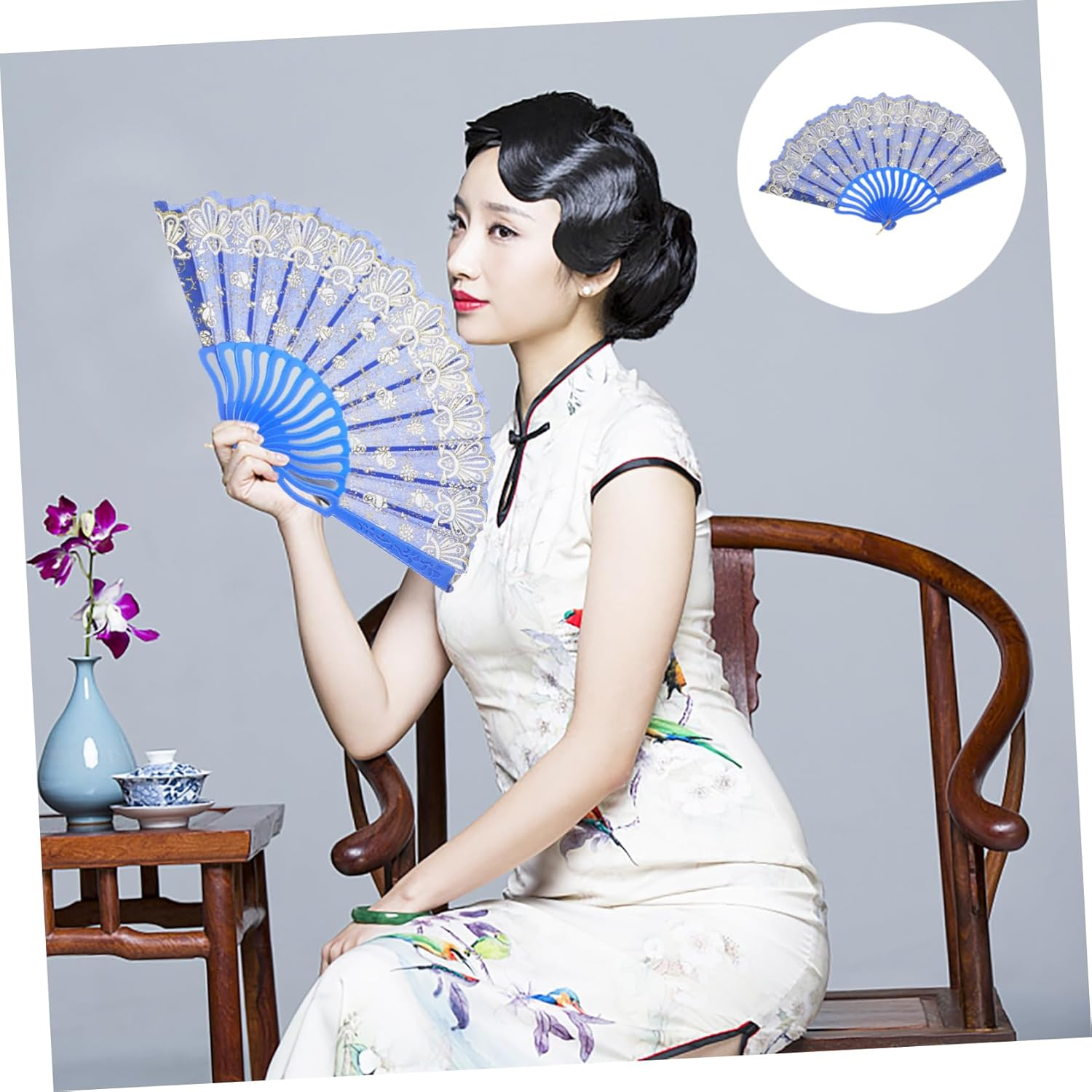 Small Flower Rose Fan Vintage Folding Hand Fan Bridal Handheld for Wedding Decor Performance Prop image number 2
