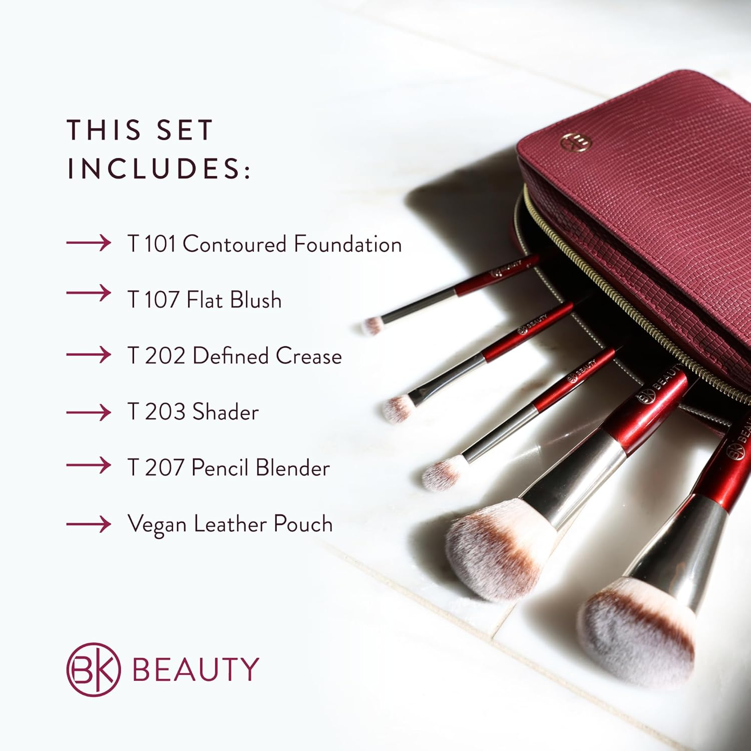 BK BEAUTY Travel Brush Set with Pouch 5-Piece Vegan, Cruelty-Free Brushes for Face & Eyes | Lightweight, Durable Makeup Brushes in Vegan Leather Pouch Perfect Travel-Size Makeup Brush Set image number 3