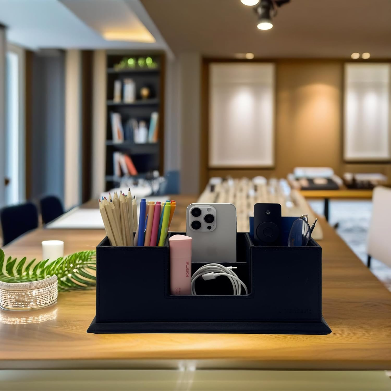 Unionbasic PU Leather 4 Compartment Desk Organizer Card/Pen/Pencil/Mobile Phone Office Supplies Holder Collection Desktop Organizer (Black) - Blue,White image number 3