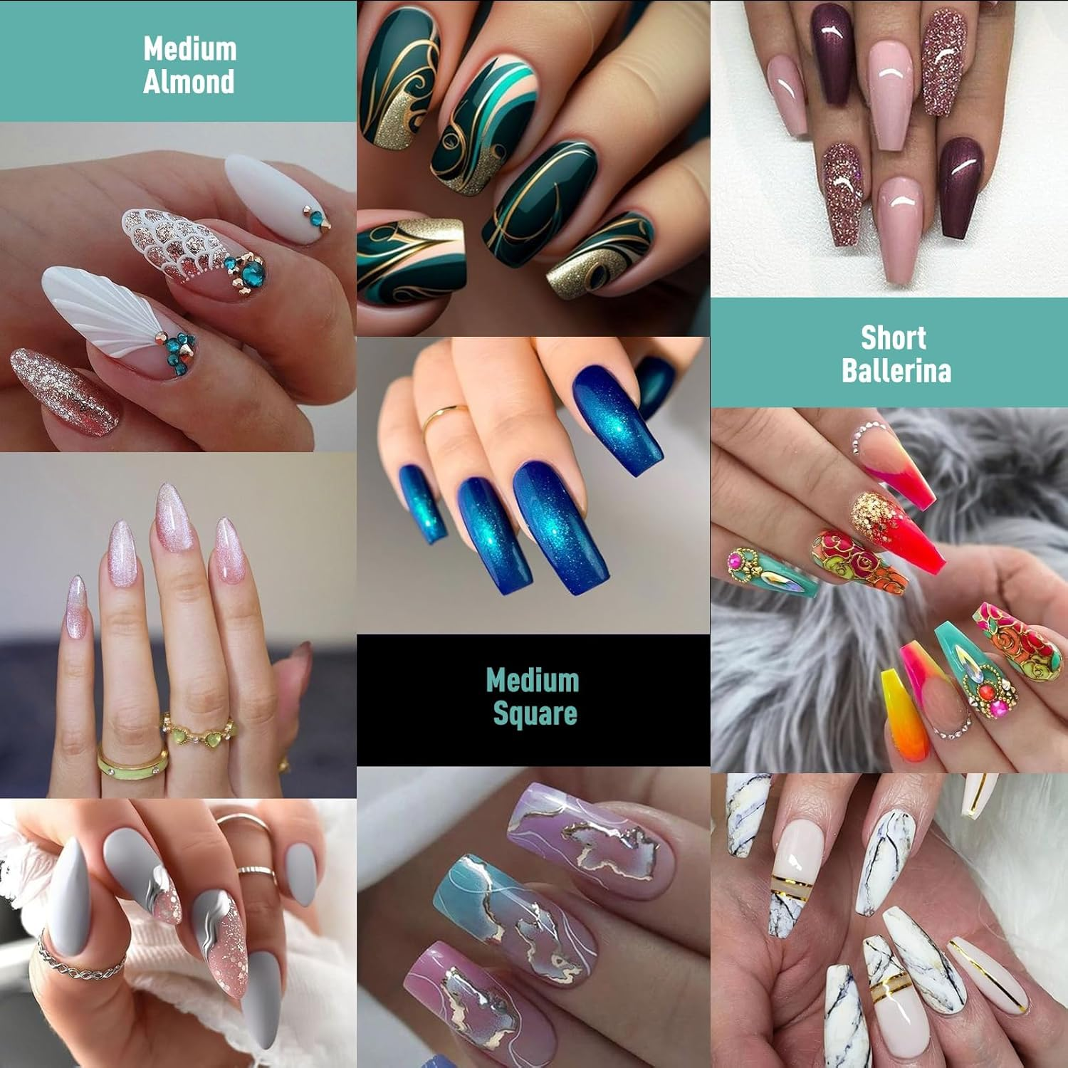 Soft Gel X False Nail Tips Kit of 3 Styles - Ballerina Medium Almond, Square and Short, 360Pcs Full Cover Acrylic Nail Tips Semi-Matte Preformed, Nail Extension image number 5