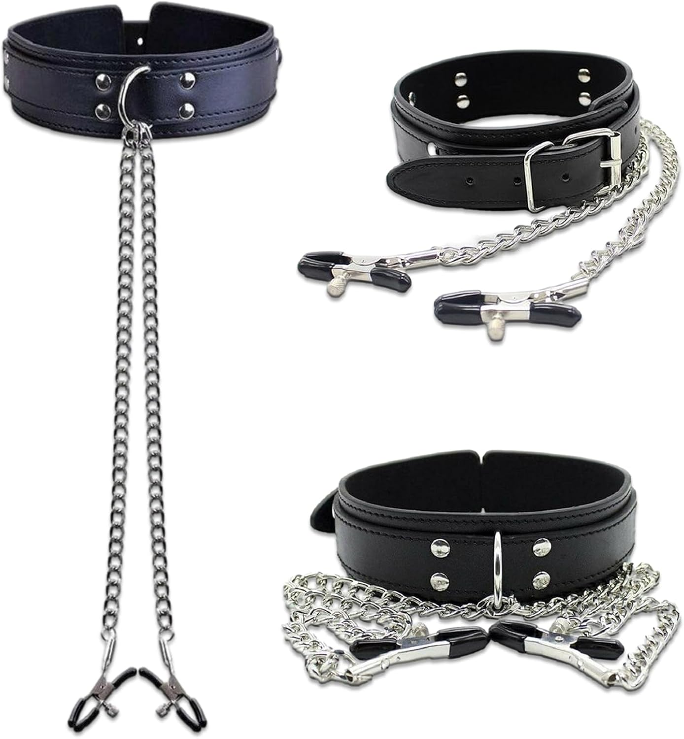 Bondage Collar Necklace with Nipple Clamps PU Faux Leather Collar Harness with Choker Metal Chains BDSM Bondage Sex Restraints Fetish Collar SM Adjustable Clips Slave Collar Fetish Slave Sex Toy Cosplay, Couples Sex Toys image number 3