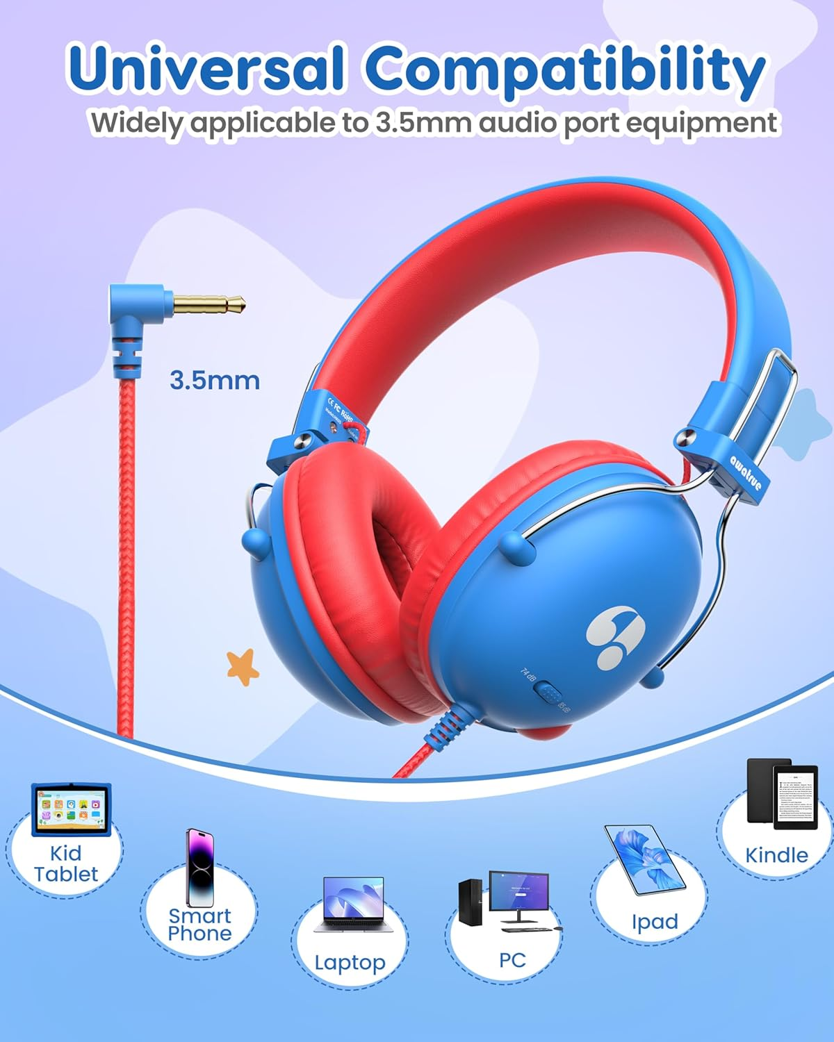 Awatrue Kids Headphones, Toddler Headphone with 74/85Db Volume Limited, HD Sound, Sturdy Design&Super Light, Foldable Over-Ear Childrens Headphones for Ipad/Girls/Boys/Chromebooks/School/Tablet image number 3