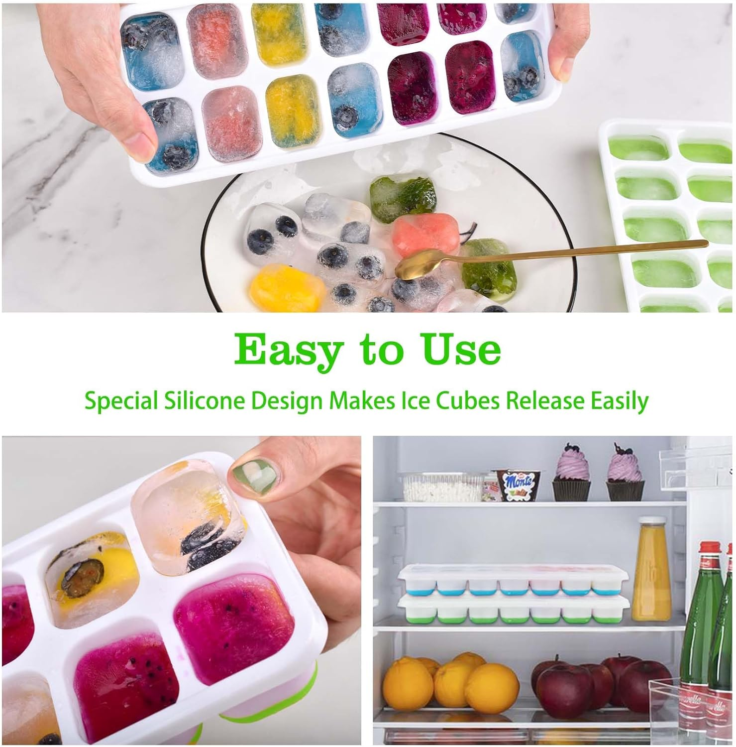 2 Pack Ice Cube Trays, Reusable Silicone 14-Ice Cube Trays with Spill-Resistant Removable Lid, Stackable Ice Trays with Covers for Freezer, Cocktail, Coffee (Blue + Green) image number 5