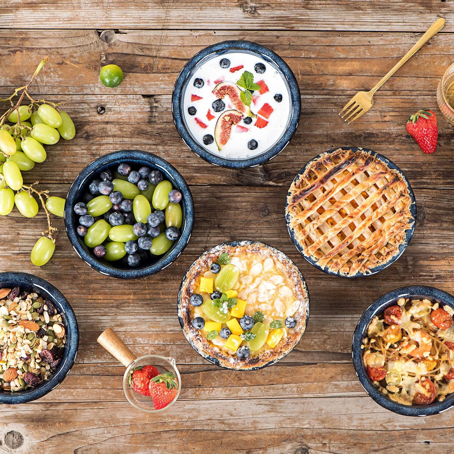 Vicrays Ceramic Pie Pan for Baking - 5.5 Inch Small Pie Plates Deep Dish round Pot Casserole Mini Serving Bowl, Microwave Oven Safe for Dessert Apple Pie Cake Tart Pizza, Set of 6, Blue image number 3