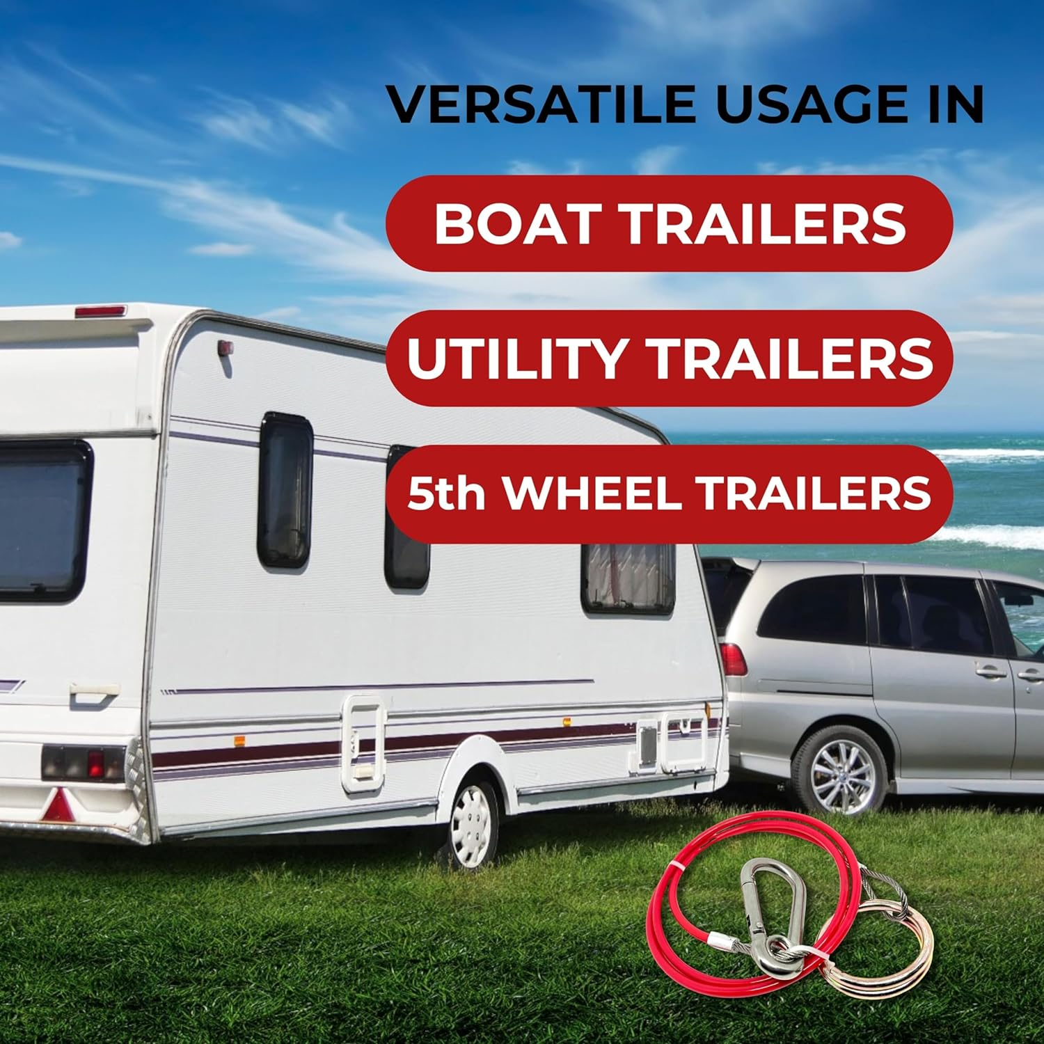 Double Dragon Heavy Duty Trailer Caravan Breakaway Break Away Cable, Durable, Williams Caravan Horsebox Boat Plant Coupling Safety Cable, Burst Ring, 1M Stainless Steel Cable, Pull-Off Force &ge; 400Kg
