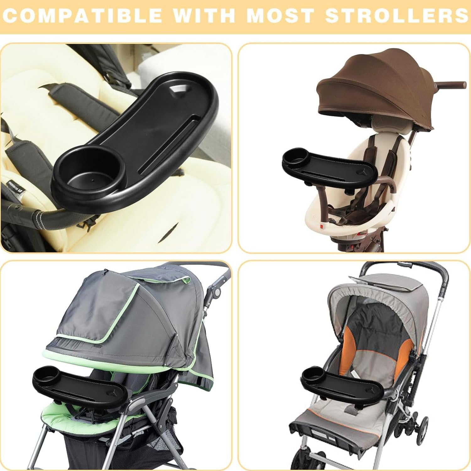 Universal Stroller Snack Tray with 3-In-1 Design, Phone Holder, Food Area, Cup Holder, Black, ABS Material, Fits Most Stroller Armrests image number 2