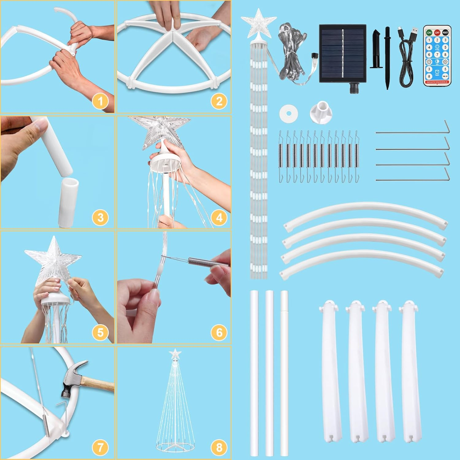 HELESIN 1.2M 154 Leds Solar Christmas Cone Tree Light Outdoor, Christmas Decorations Outdoor,8 Lighting Modes Christmas Lights with Remote for Home Yard Garden Lawn Holiday image number 1