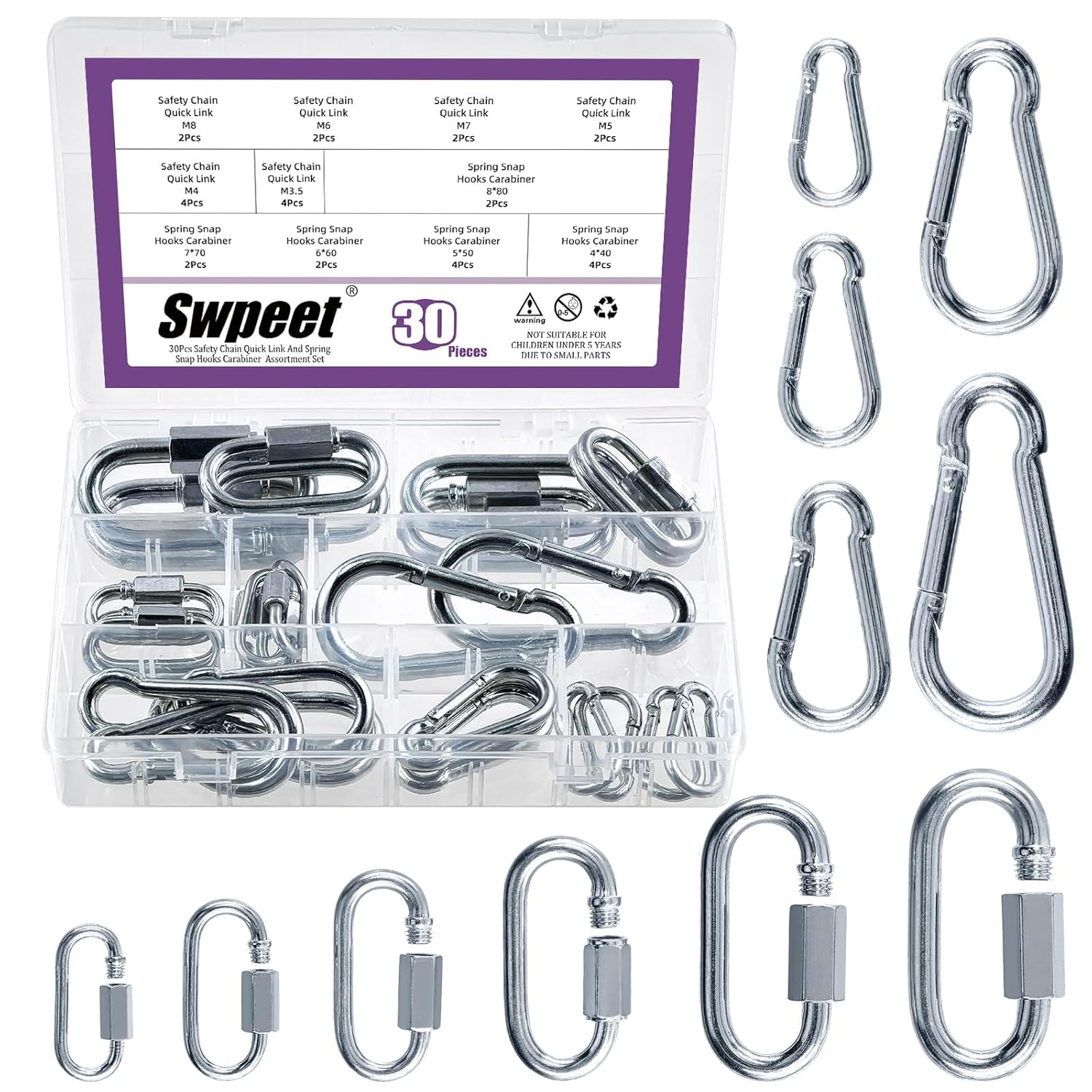 Swpeet 30Pcs M3.5 M4 M5 M6 M7 M8 Galvanized Safety Chain Quick Link and Galvanized Spring Snap Hook Assortment Kit, Heavy Duty Chain Connector Chain Coupler D Shape Locking image number 1