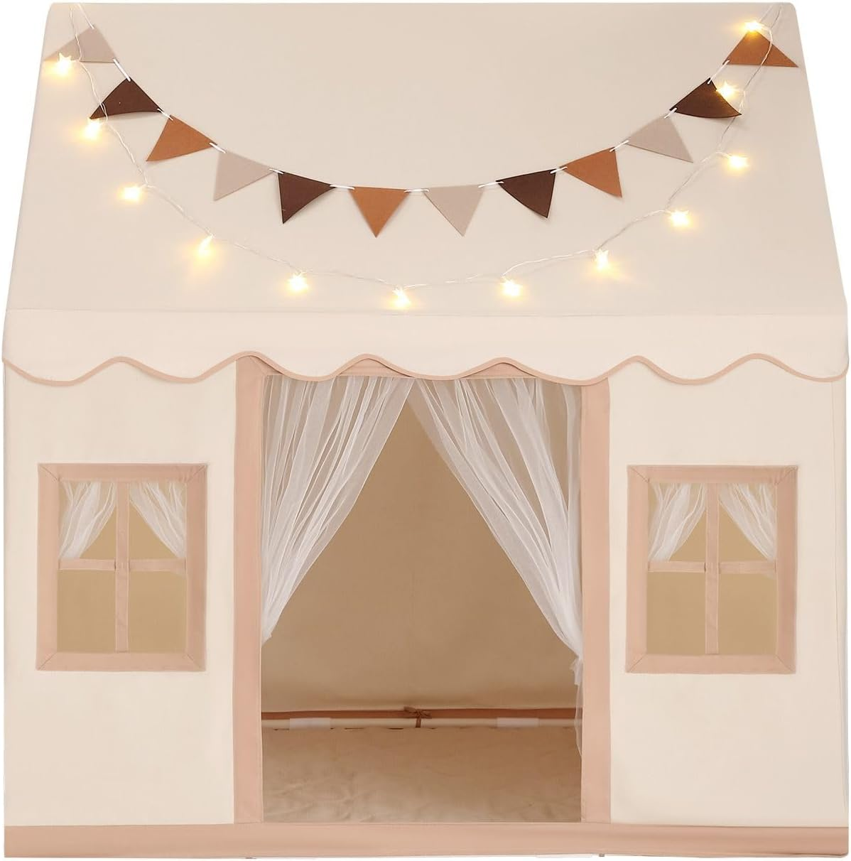 KIDBOT Kids Play Tent, Large Playhouse for Kids, with 3 Breathable Windows, Star Lights & Flag Banner Included, Toddler Tent for Boys & Girls, Beige